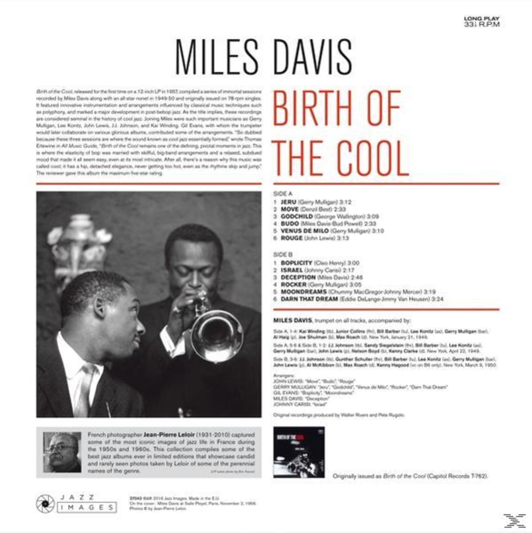 Albumcover von Miles Davis, „Birth of the Cool“. Es hat Titellisten und ein Foto von Davis.