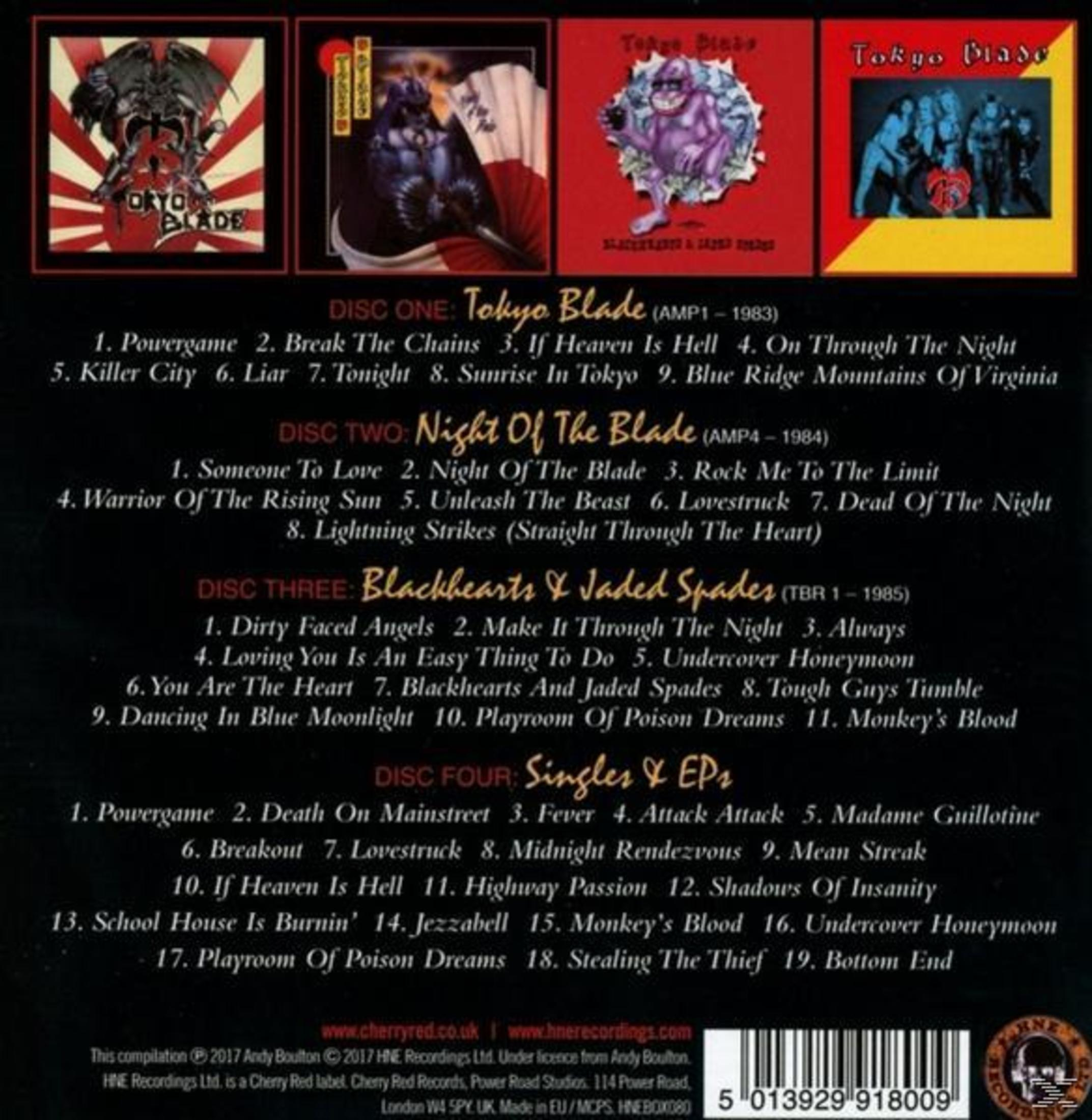 Albumcover mit Bandlogos, Titellisten und Albumtiteln. Enthält Tokyo Blade, Night of the Blade, Blackhearts & Jaded Spades.