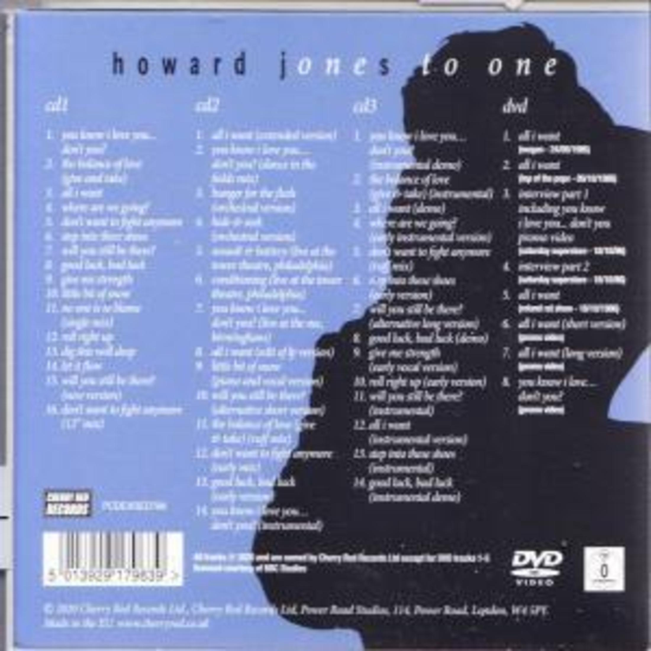 CD cover with track listings and Howard Jones's name. A DVD logo is visible. The background is blue with black silhouette.