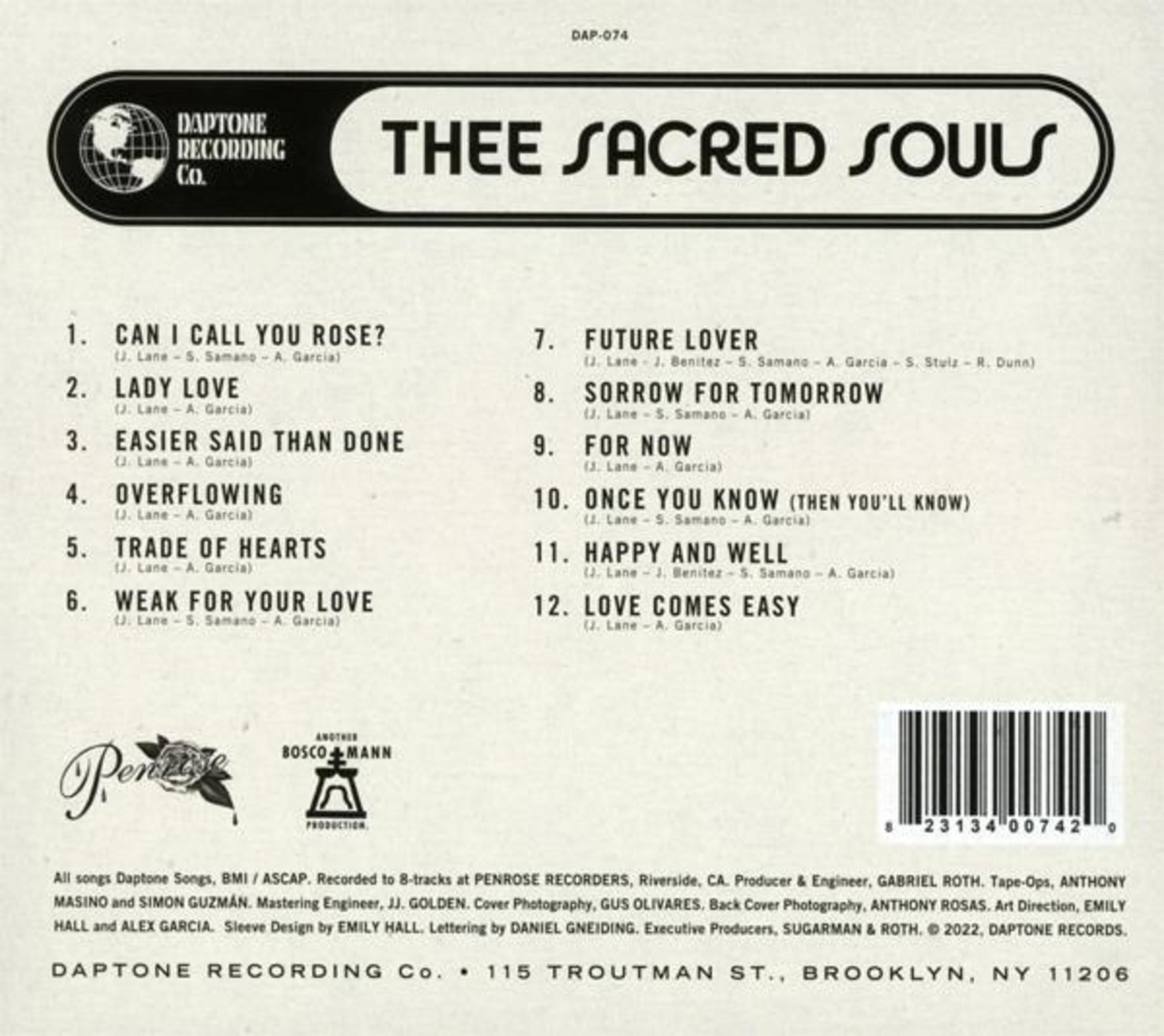 Albumhoes met de tekst 'Thee Sacred Souls' en songtitels. Inclusief het logo van het platenlabel en credits.