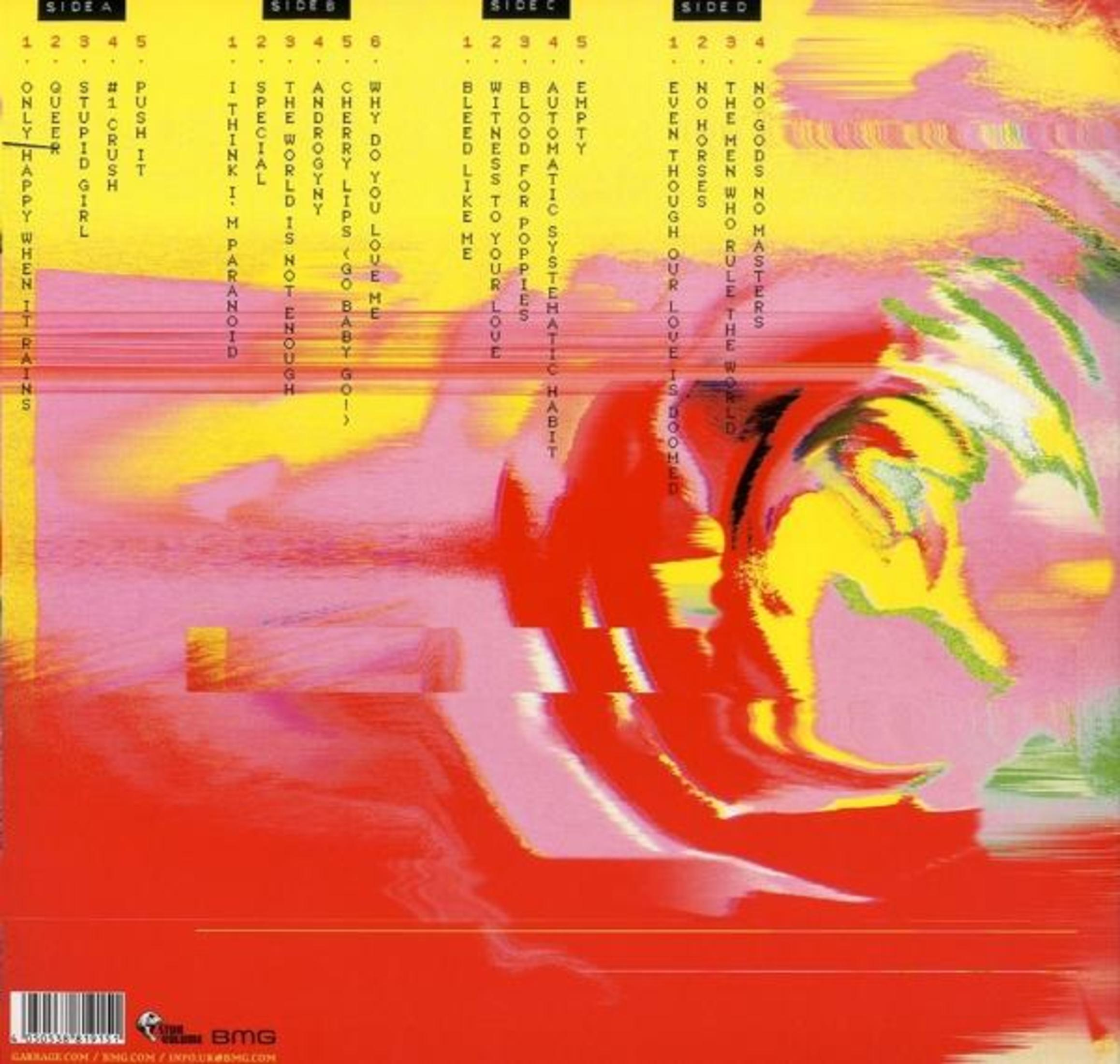 Copertina dell'album con scaletta su sfondo giallo. Arte astratta rossa e rosa sovrapposta al testo.
