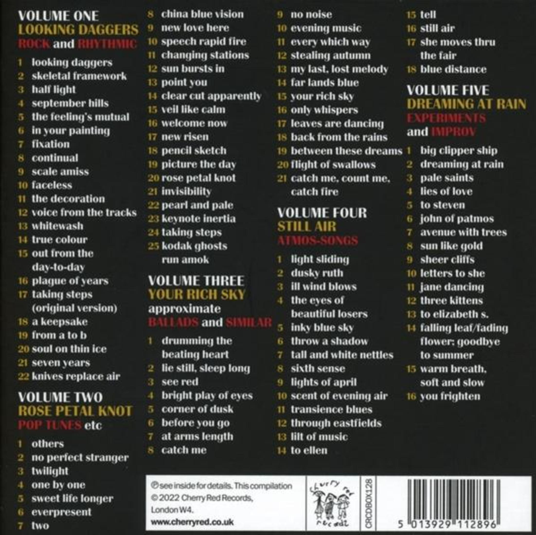 Tekst op zwarte achtergrond, lijsten van nummers, albums en details zoals 'VOLUME ONE' en 'ROCK and RHYTHMIC'.