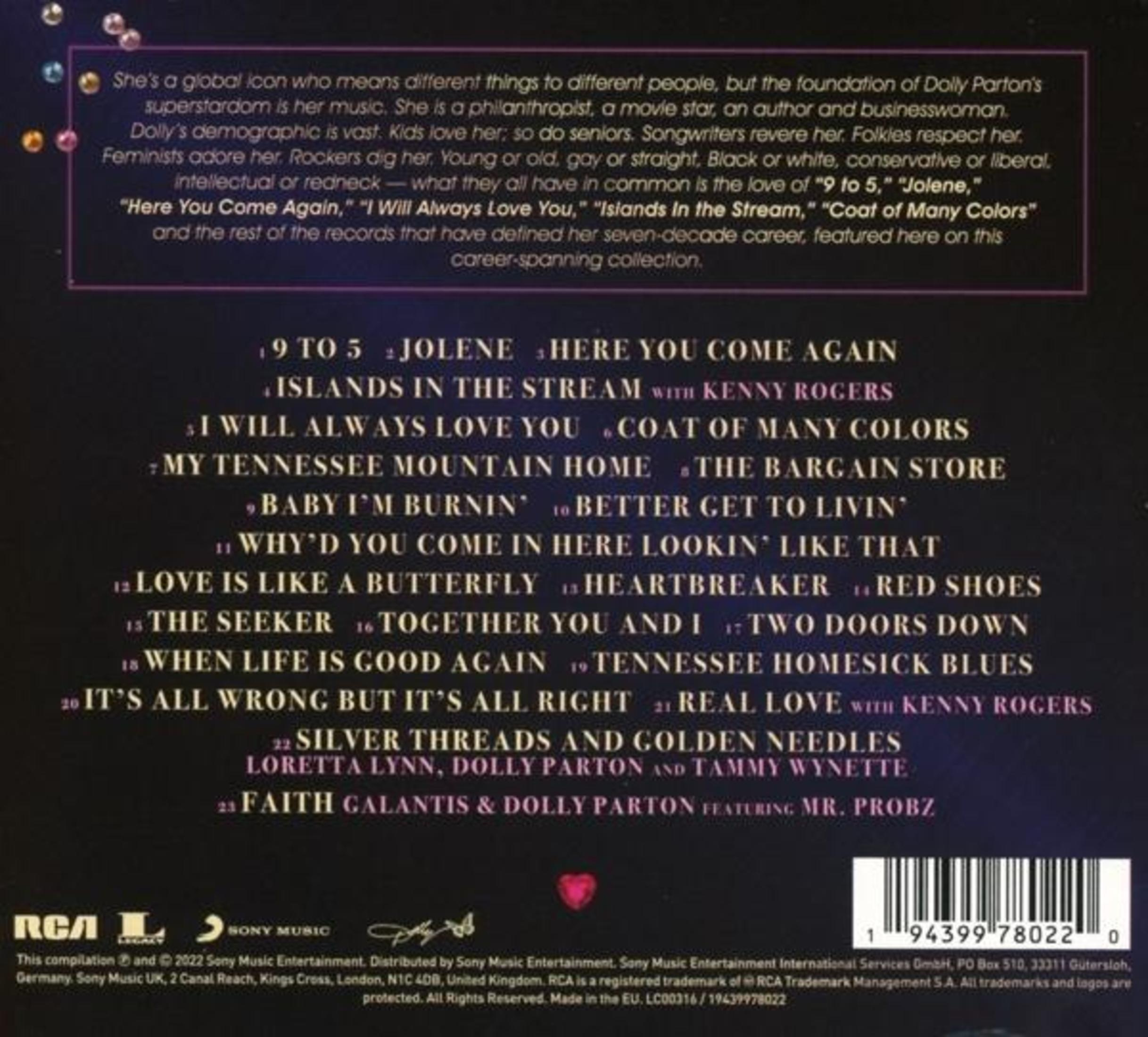 Albumcover mit Dolly Partons Songs. Songtitel und eine kurze Biografie sind auf schwarzem Hintergrund aufgelistet.