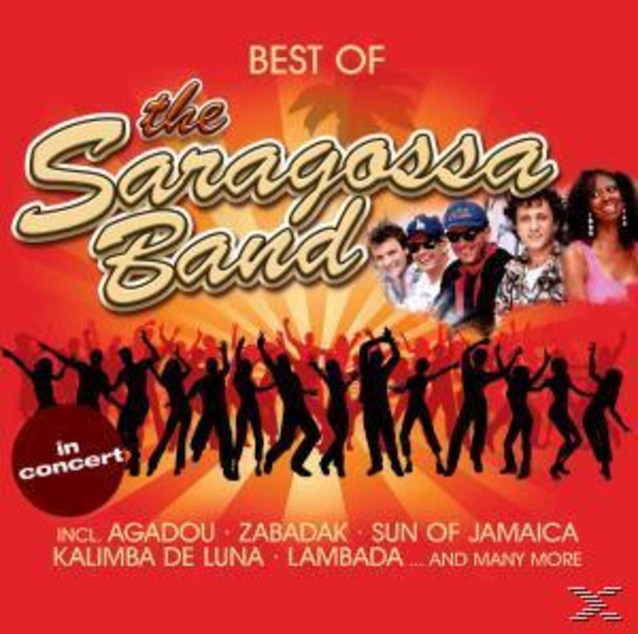 CD-Cover für „Best of the Saragossa Band“. Roter Hintergrund mit Bandmitgliedern, tanzenden Silhouetten und Titeln.