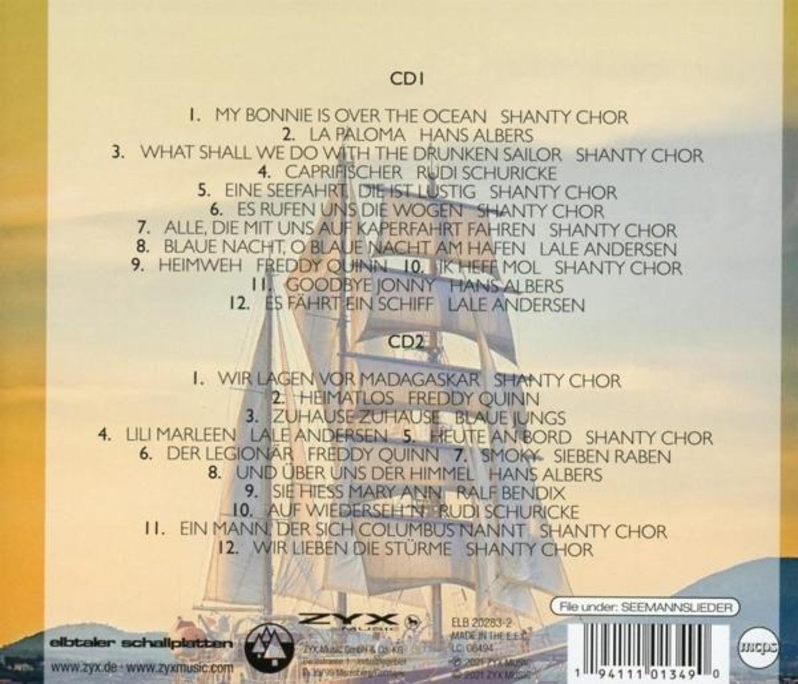 CD-Cover mit Songtiteln und einer Segelboot-Illustration. Titel sind auf Deutsch. Enthält Künstlernamen.