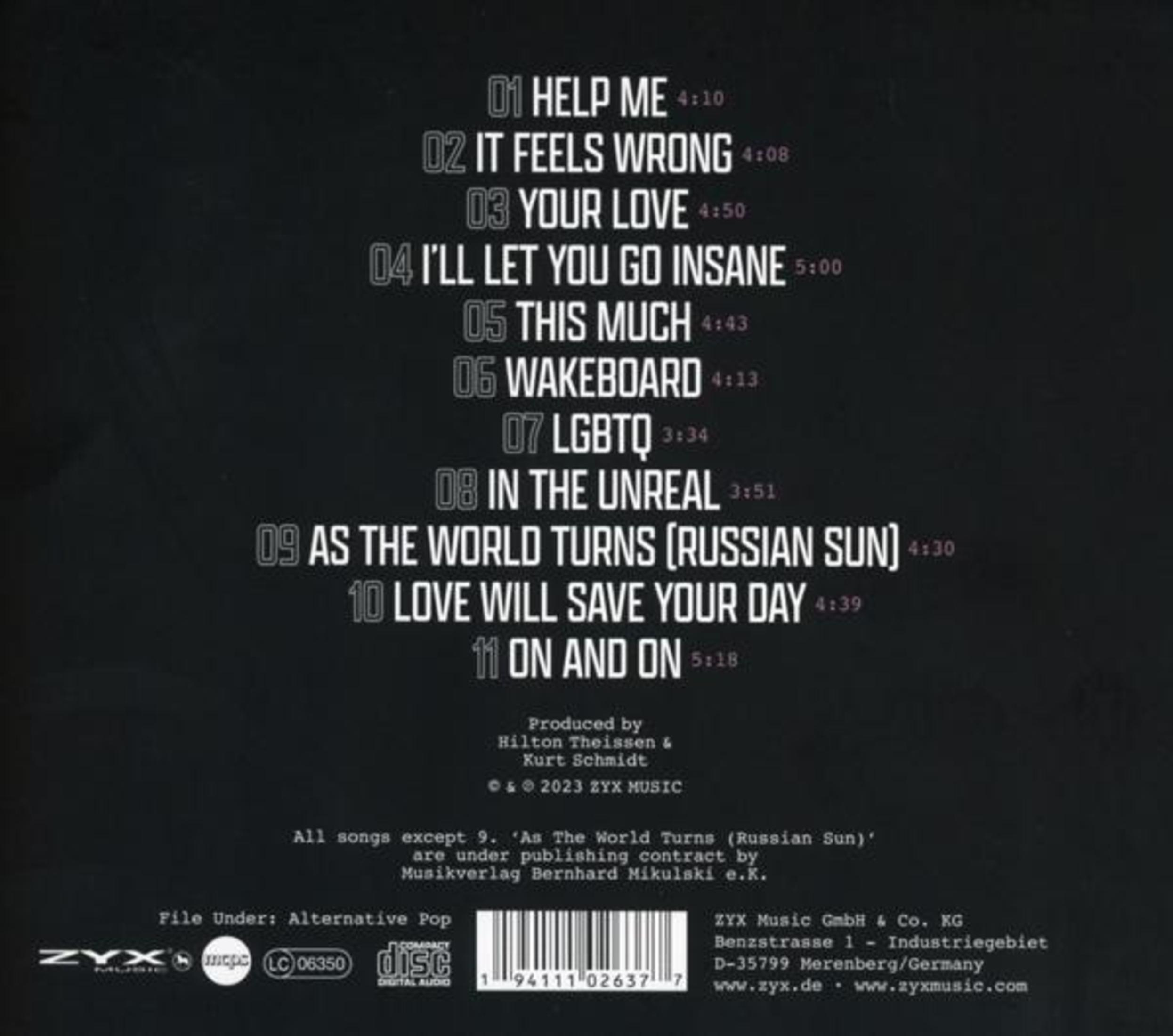 Albumcover mit Titelliste in weißer Schrift auf dunklem Hintergrund. Enthält Label, Barcode und Copyright-Informationen.