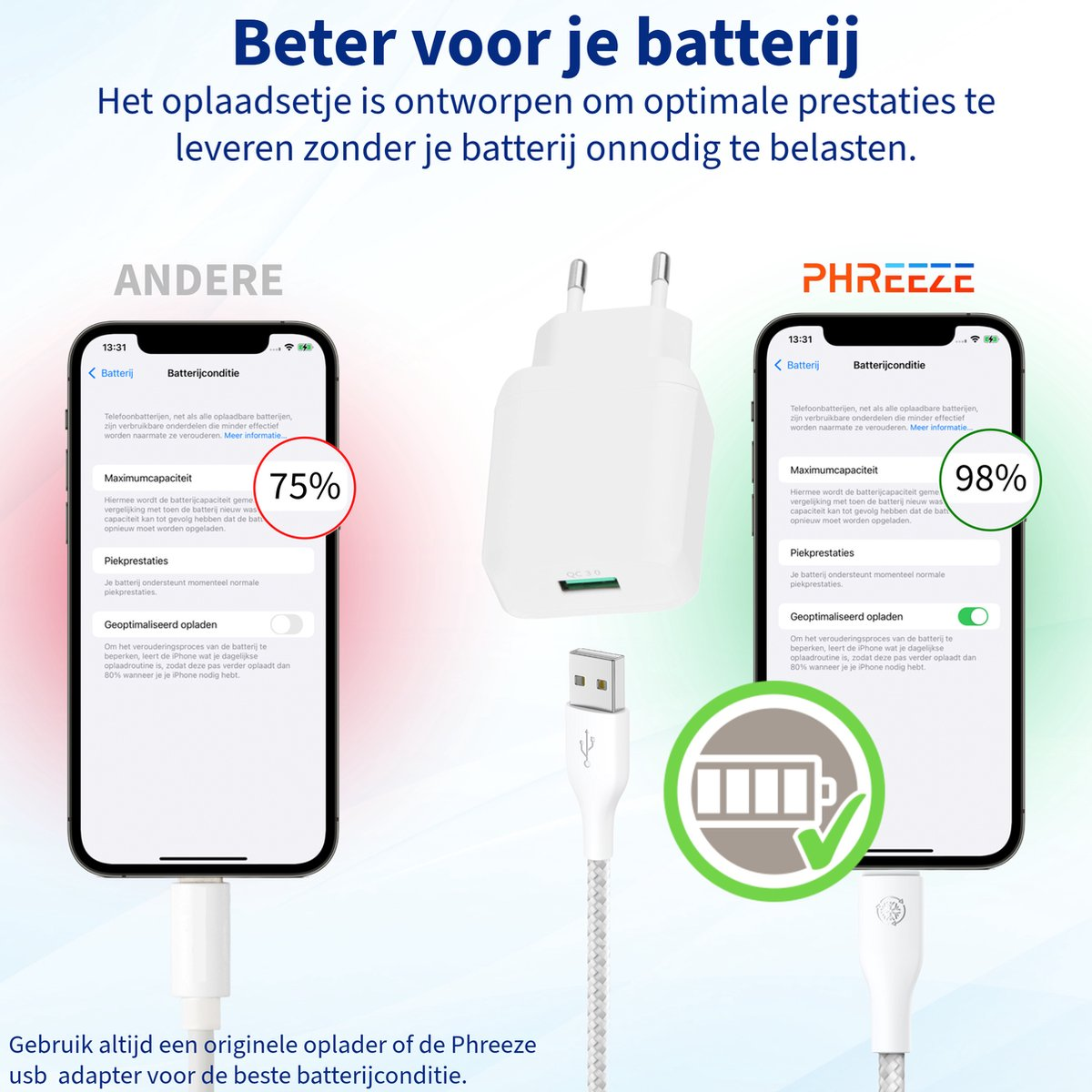 Afbeelding toont twee telefoons met batterij-info. Eén toont 75%, de andere 98%. Een oplader en kabel worden getoond met de telefoons.
