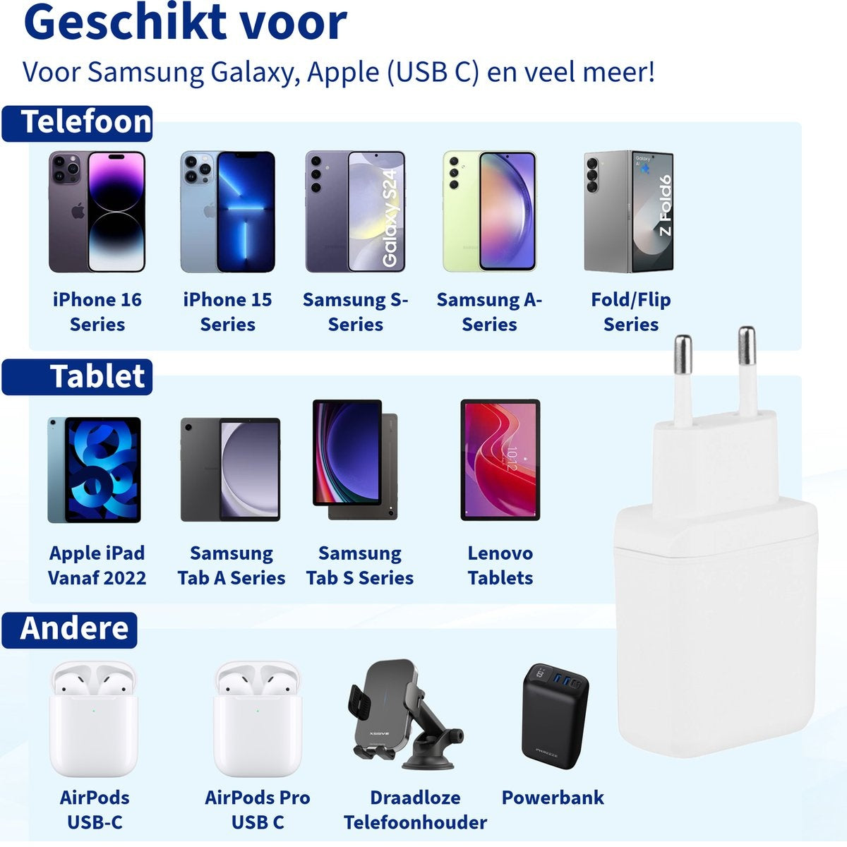 Afbeelding toont telefoons, tablets en accessoires, waaronder iPhones, Samsung telefoons en een oplader, allemaal op een blauw-witte achtergrond.