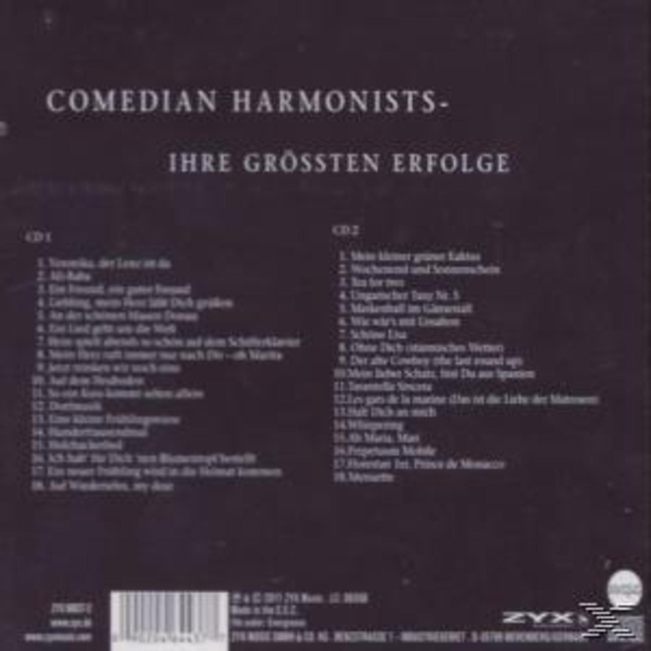 Das Bild ist ein CD-Cover für 'Comedian Harmonists - Ihre Grössten Erfolge'. Listet Songtitel auf. Dunkler Hintergrund, weißer Text.
