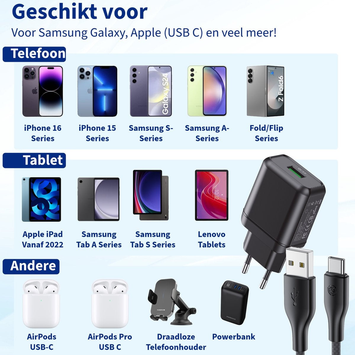 Afbeelding toont telefoons, tablets en accessoires zoals opladers, AirPods en autohouders. Merken zijn onder andere Apple, Samsung en Lenovo.
