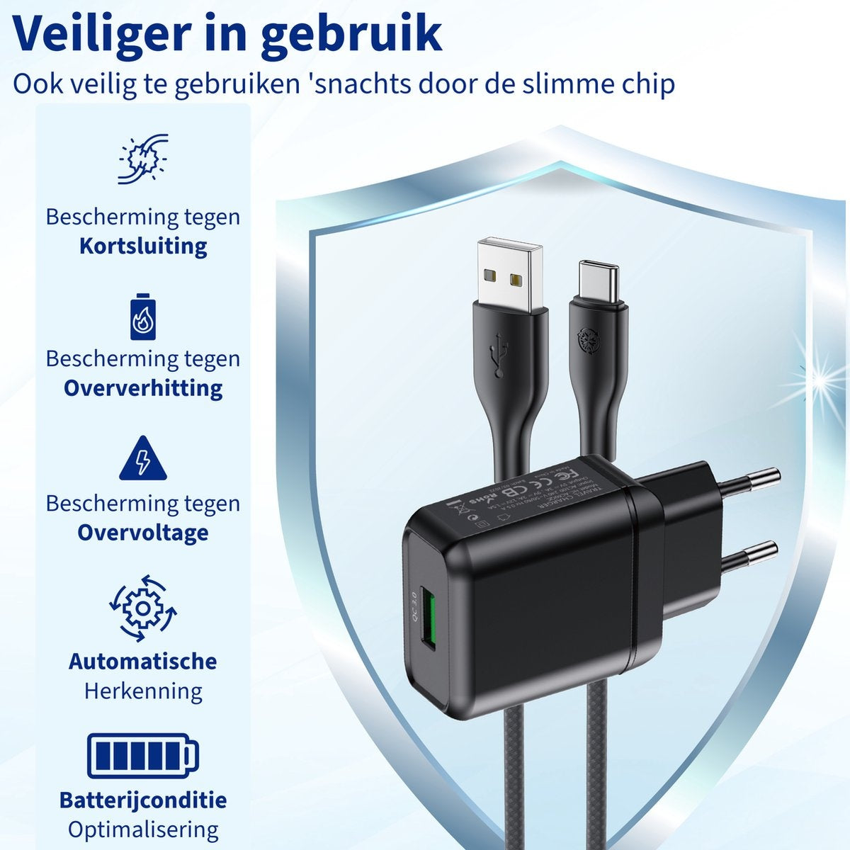 Zwarte oplader met USB- en Type-C-kabels. Nederlandse tekst beschrijft veiligheidskenmerken.