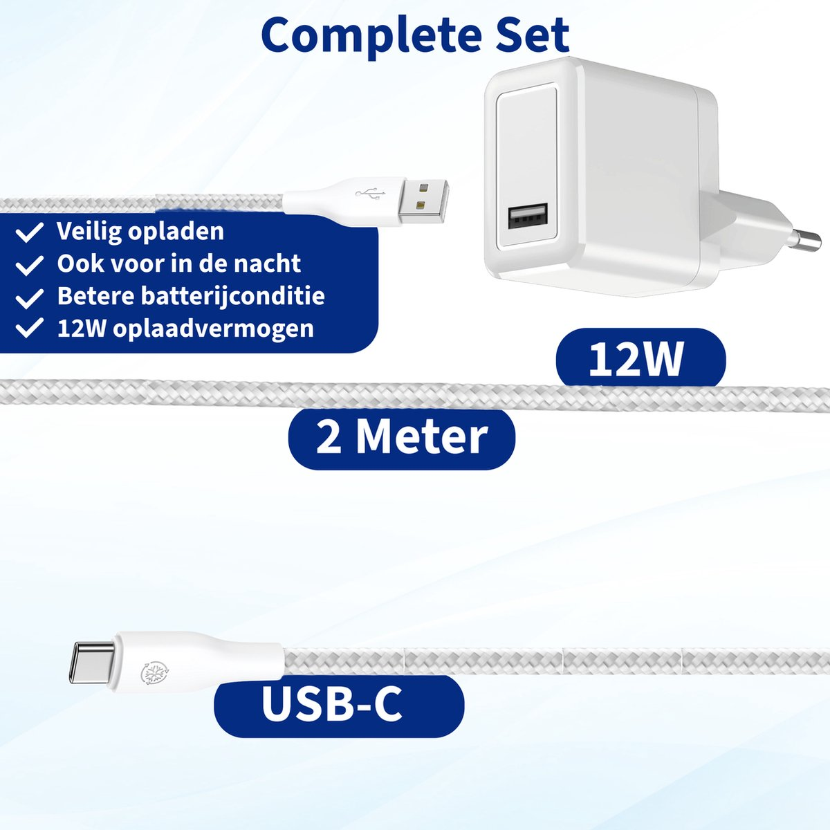 Afbeelding toont een witte oplader, USB-C en USB kabels, en tekst met 'Complete Set', '12W', '2 Meter' en laadvoordelen.
