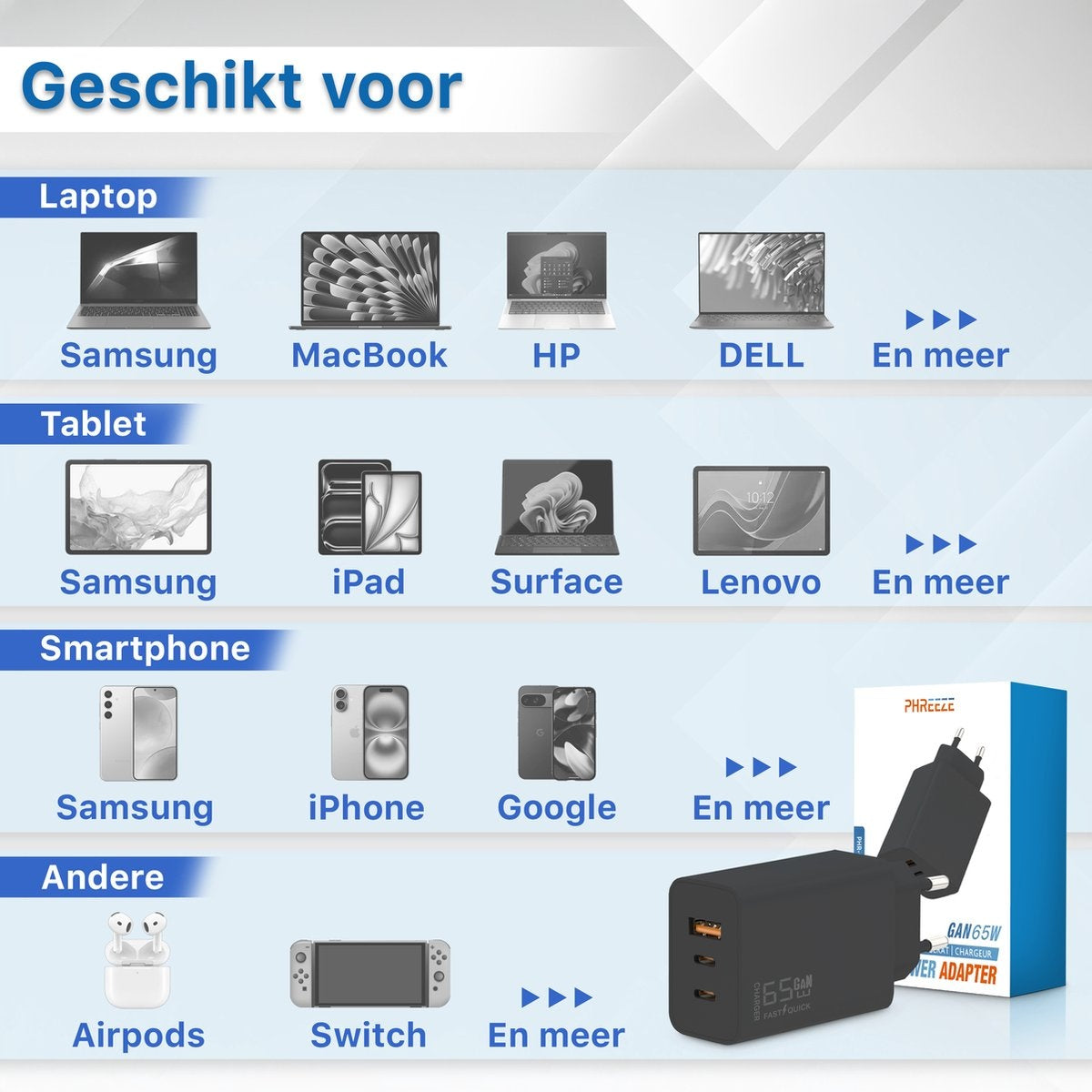 Afbeelding toont apparaten die compatibel zijn met een oplader: laptops, tablets, smartphones en andere apparaten zoals AirPods en een Switch.