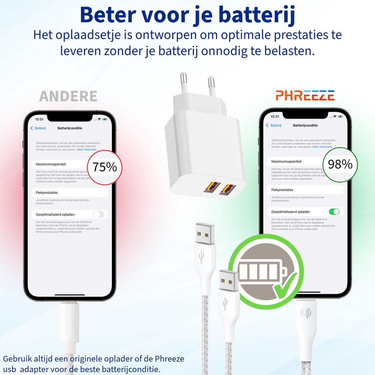 Afbeelding toont een telefoon met batterij-info, een oplader en kabels. Teksten in het Nederlands. De telefoon toont 75% en 98% batterijcapaciteit.