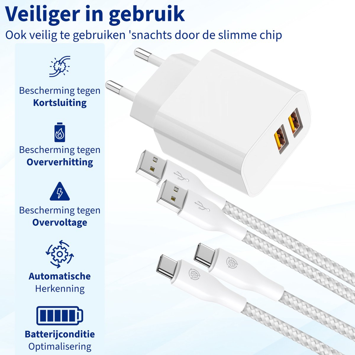 Een witte oplader met twee USB-poorten en verschillende witte oplaadkabels. Tekst vermeldt veiligheidsvoorzieningen zoals kortsluitbeveiliging.