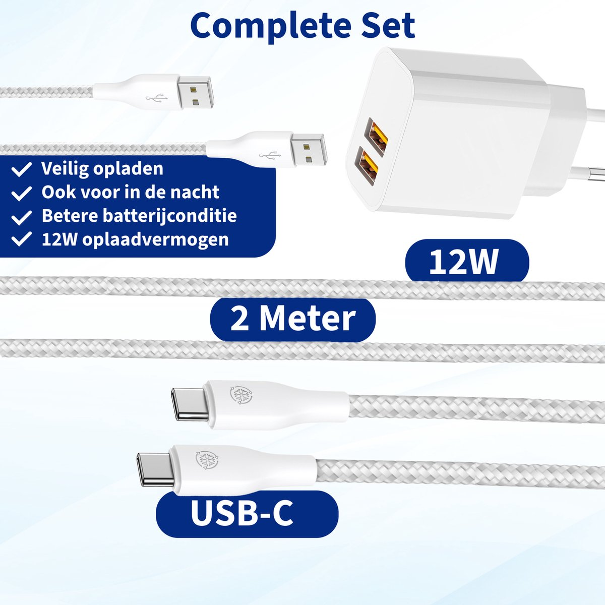 Afbeelding toont een complete oplaadset: kabels, een oplader met twee USB-poorten en tekst die functies aangeeft zoals 12W vermogen en veiligheid.