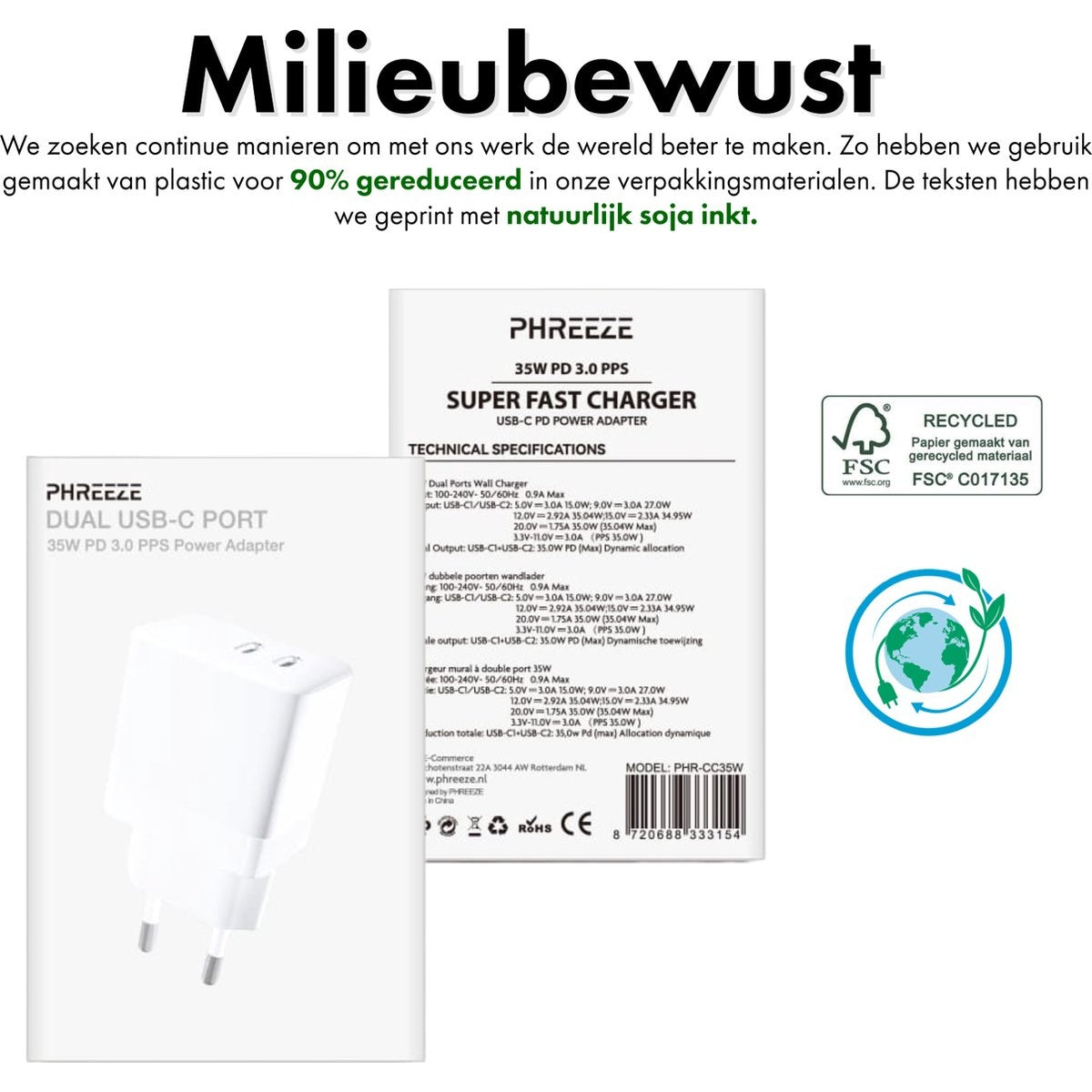 White USB-C charger box with product details and a green globe logo on a white background.