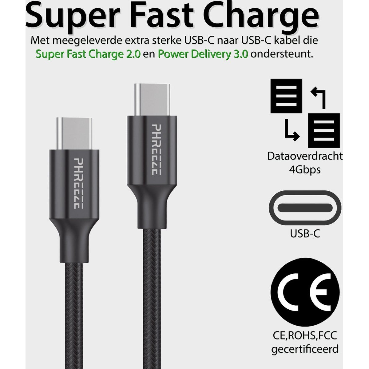 Image displays two USB-C cables, branding, and icons for data transfer, USB-C, and certifications. Text promotes fast charging.