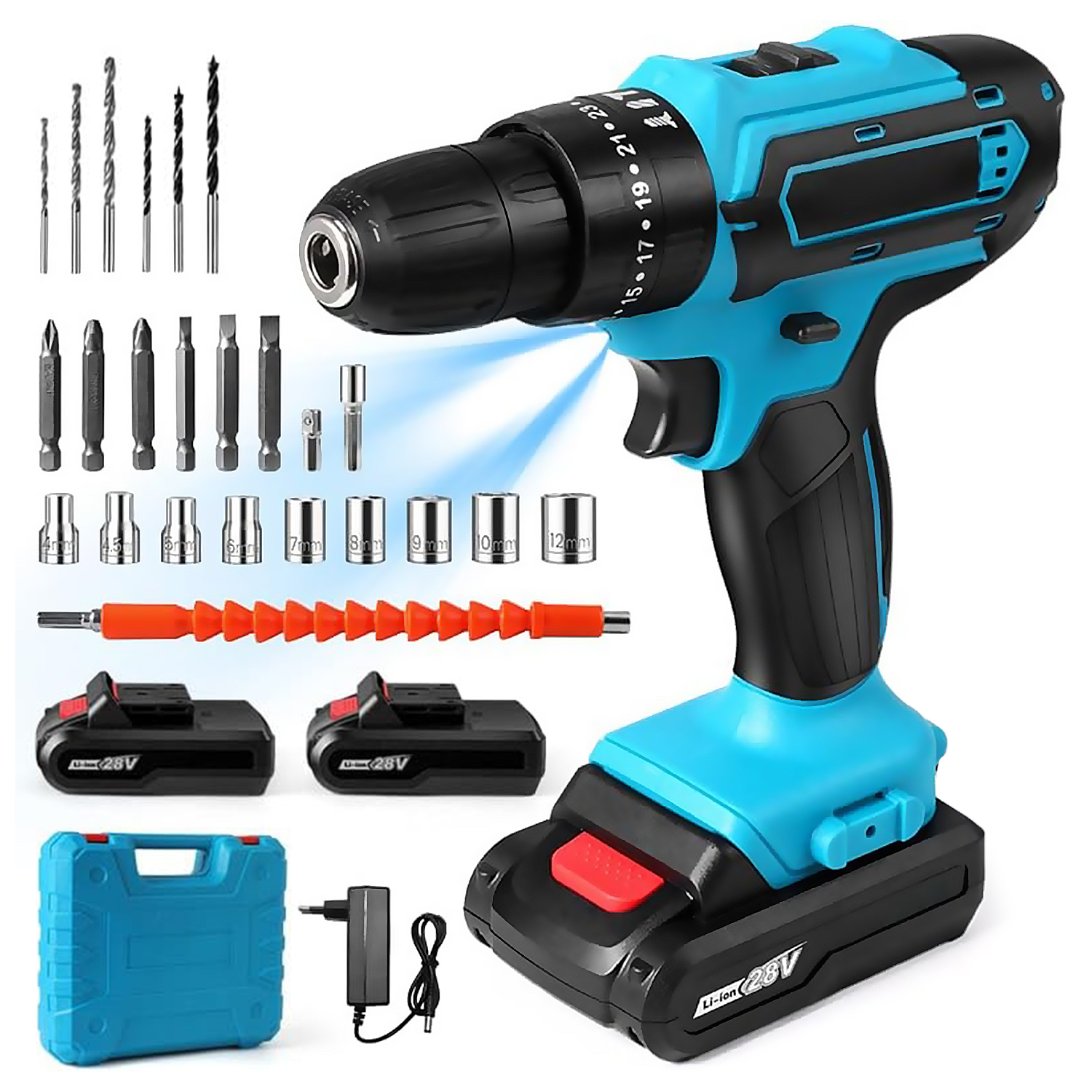 Un trapano avvitatore a batteria blu e nero con punte, batterie, caricabatterie e custodia su sfondo bianco.