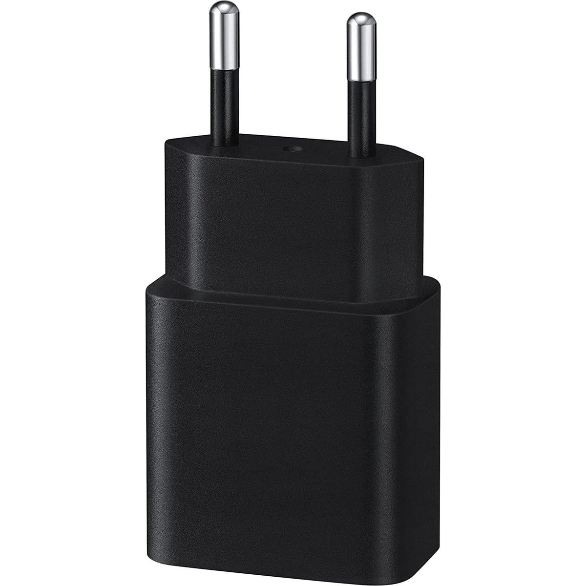 A black phone charger with two silver pins at the top. The charger is a two-piece design.