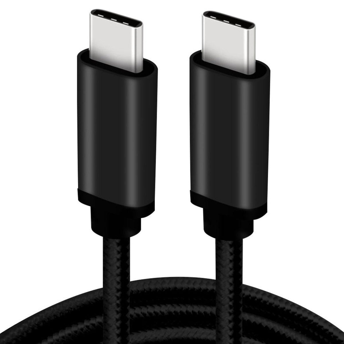 Two black USB-C cables with silver connectors. The cables are side by side against a white background. Braided cable texture.