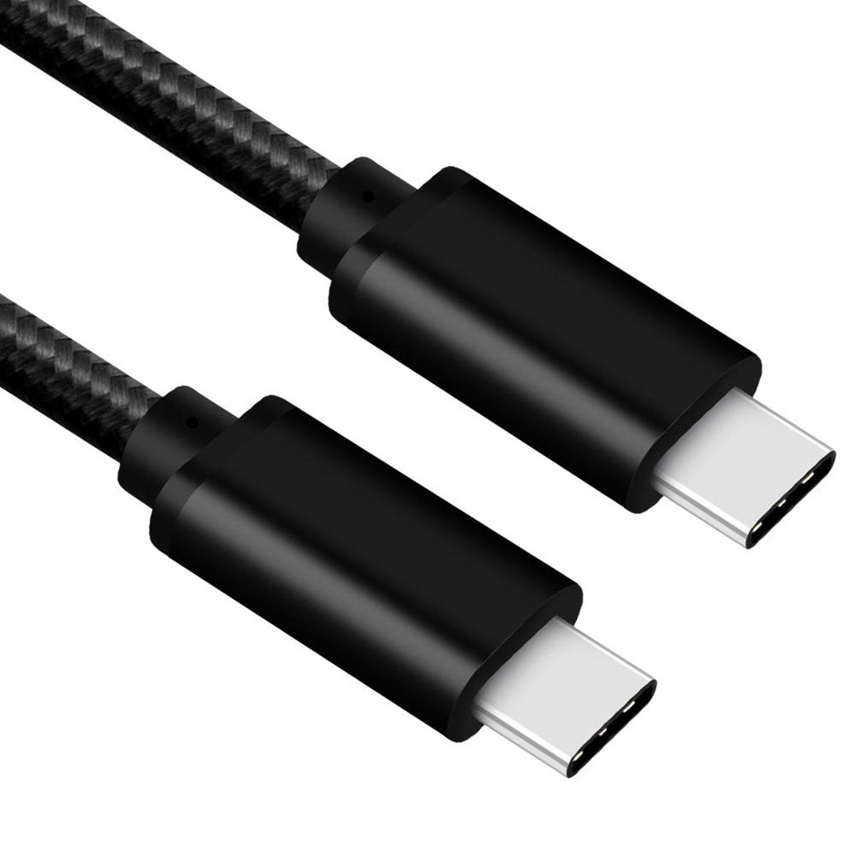 Twee zwarte USB-C-kabels. Elk heeft een zwarte connector en een zilverkleurig USB-C-uiteinde. De kabel is zwart en gevlochten.