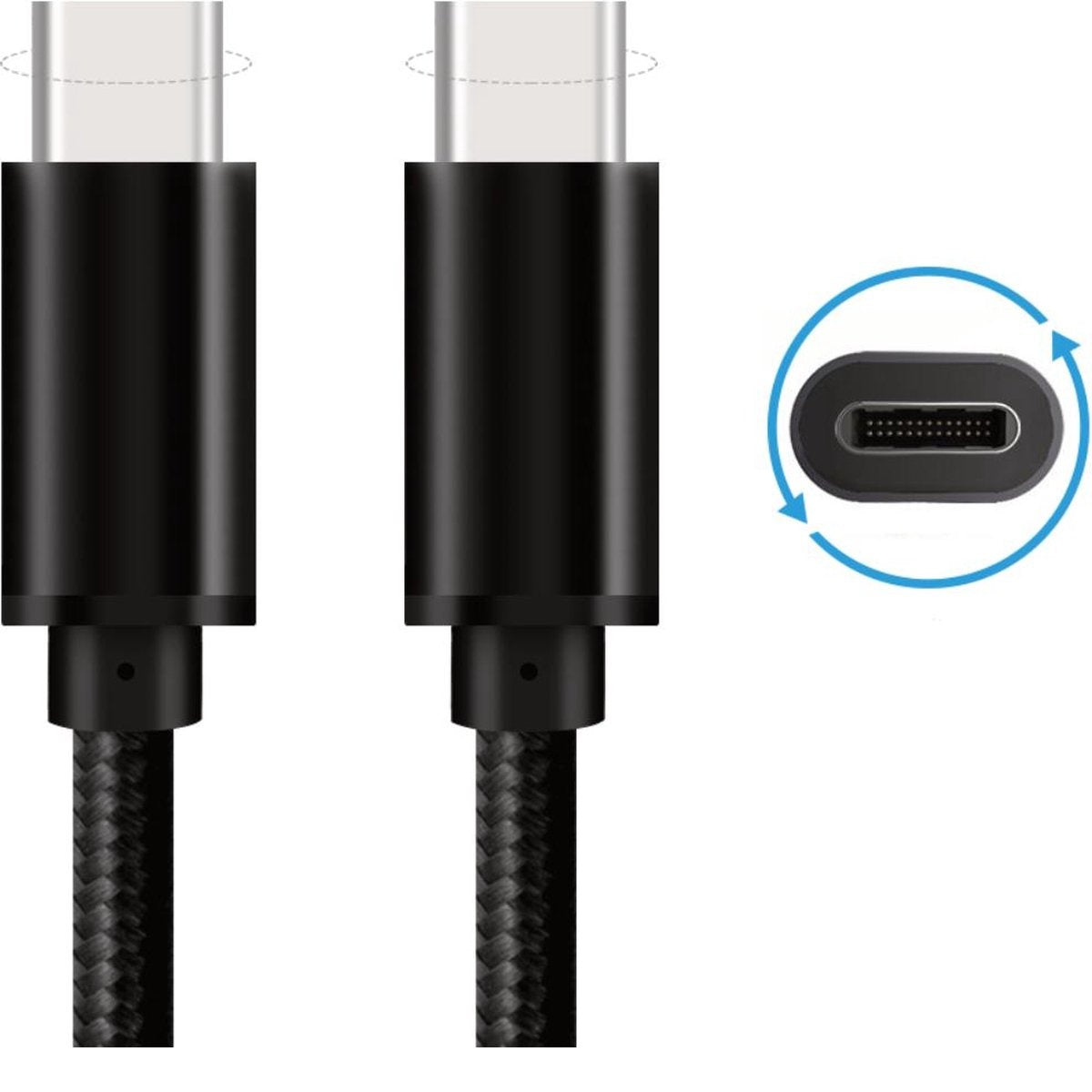 Two black USB-C cables with white connectors. One cable end is displayed separately with arrows showing the connector.