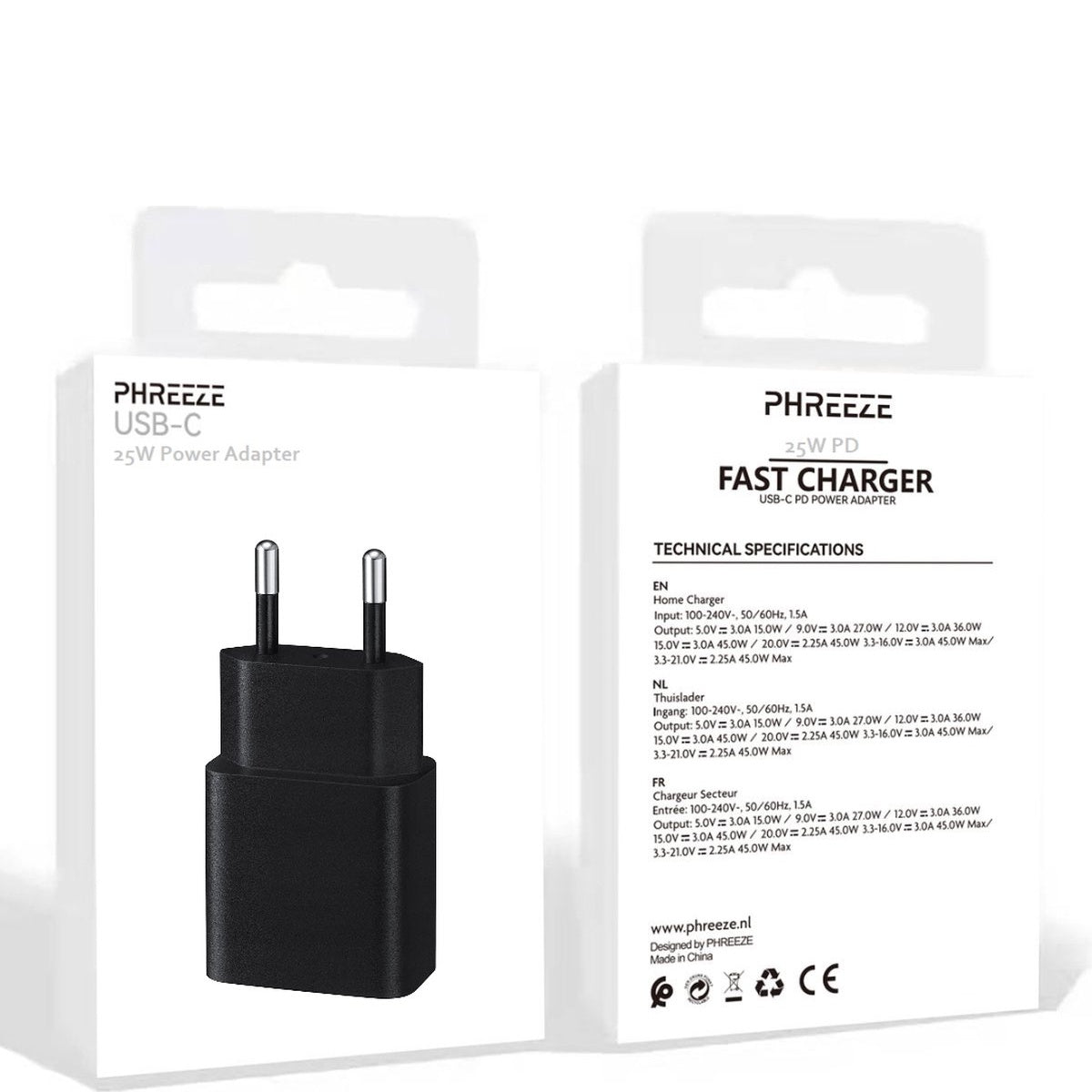 A black Phreeze USB-C 25W power adapter with two prongs. White boxes with text on the right and left.