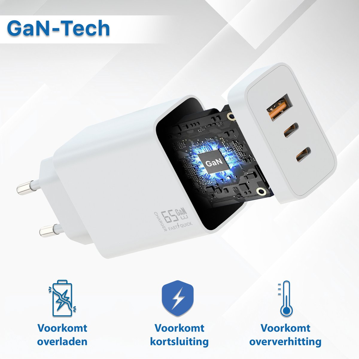 Witte GaN-Tech oplader met open behuizing die de printplaat laat zien. Iconen: overbelastingsbescherming, kortsluitingsbeveiliging, oververhittingsbeveiliging.