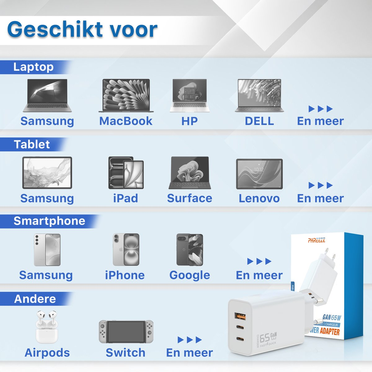 Een advertentie toont apparaten zoals laptops, tablets en smartphones met een oplader. De tekst luidt 'Geschikt voor' (Geschikt voor).
