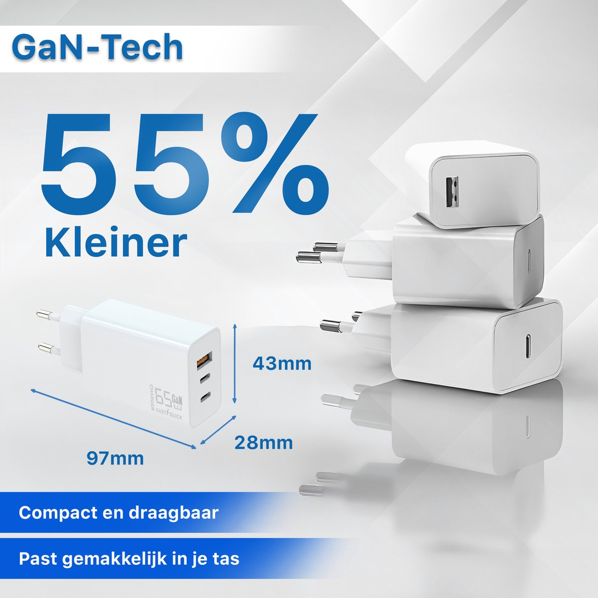 Afbeelding toont een witte oplader met afmetingen en tekst '55% kleiner'. Tekst eronder zegt 'Compact en draagbaar' en 'Past gemakkelijk in je tas'.