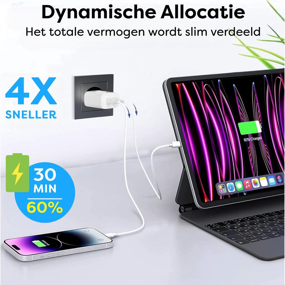 An iPad and a phone are charging. The iPad shows 80% charged. A plug is connected to the wall, with cables going to the devices.