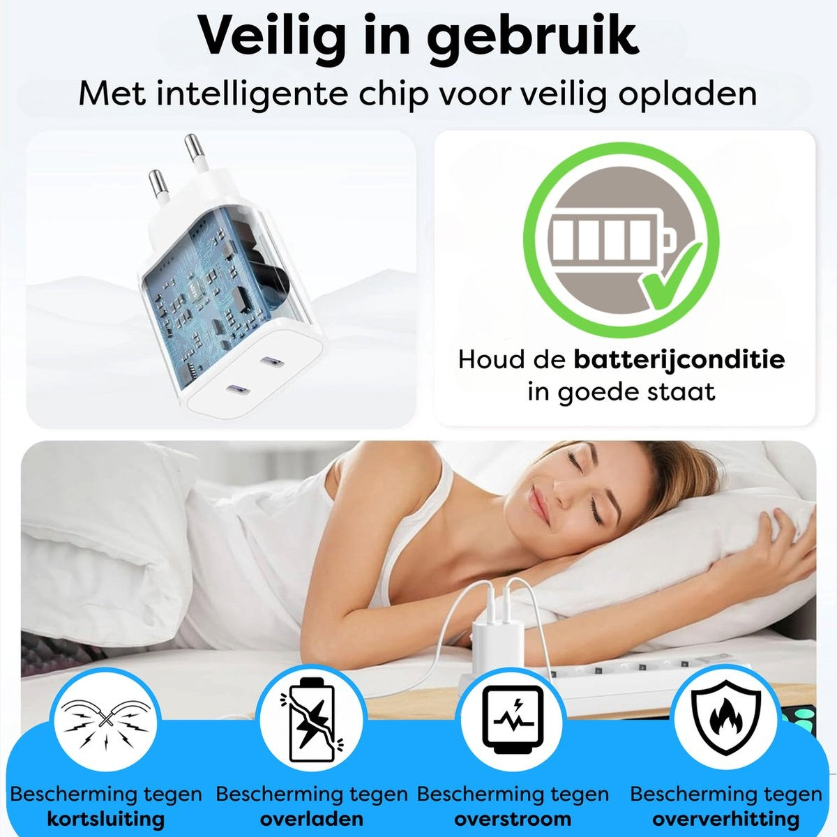 Image shows a woman sleeping, charging phone. Charger, battery icon, and safety icons are also displayed. Text in Dutch describes the product.