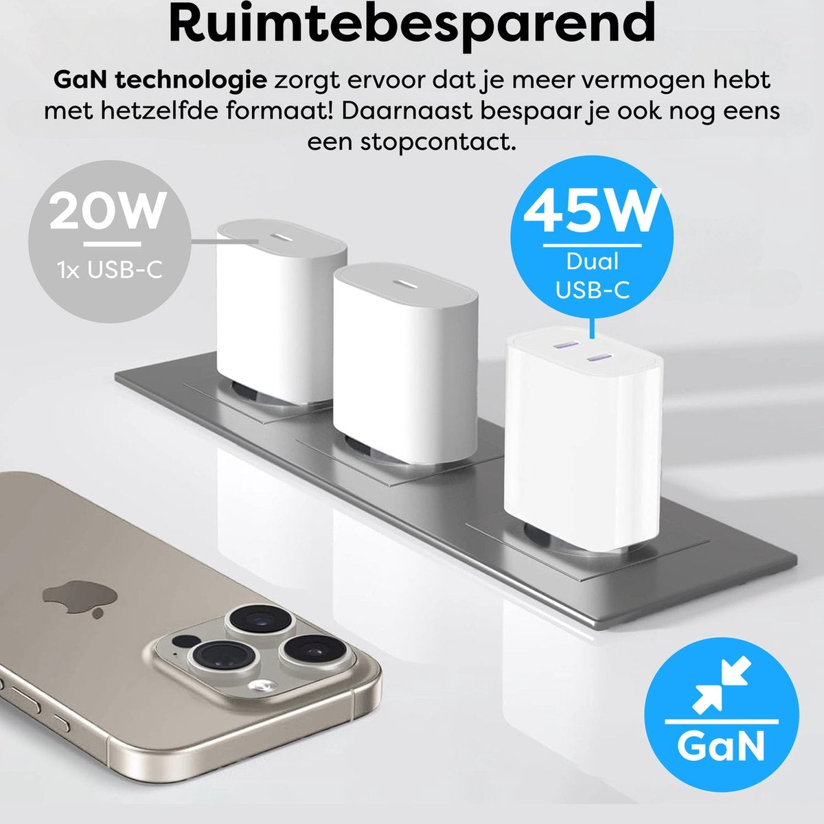 Image shows white chargers with USB-C ports. A phone with a triple-lens camera is visible, alongside text about GaN technology.