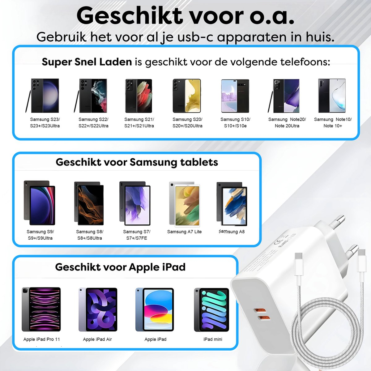 Image shows phones, tablets, and iPads, with a charger and cable. Texts include 'Super Fast Charging' and device compatibility.