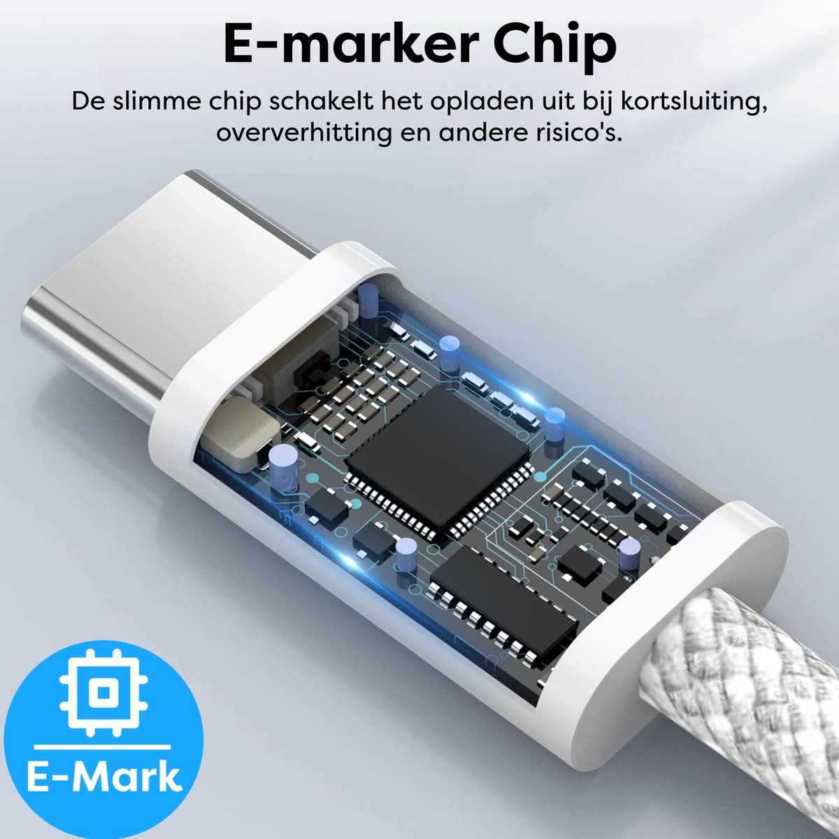 A close-up of an E-marker chip with a transparent casing, revealing internal components. A cable is connected. Text says 'E-marker chip'.