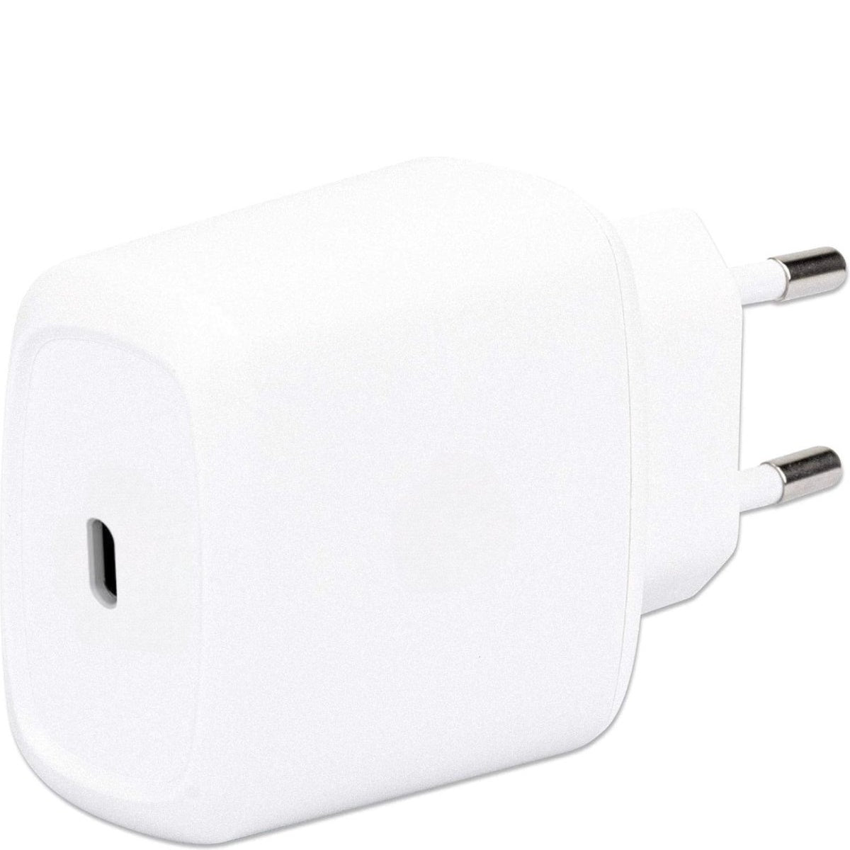 A white power adapter with two silver prongs and a USB-C port. It is on a white background.