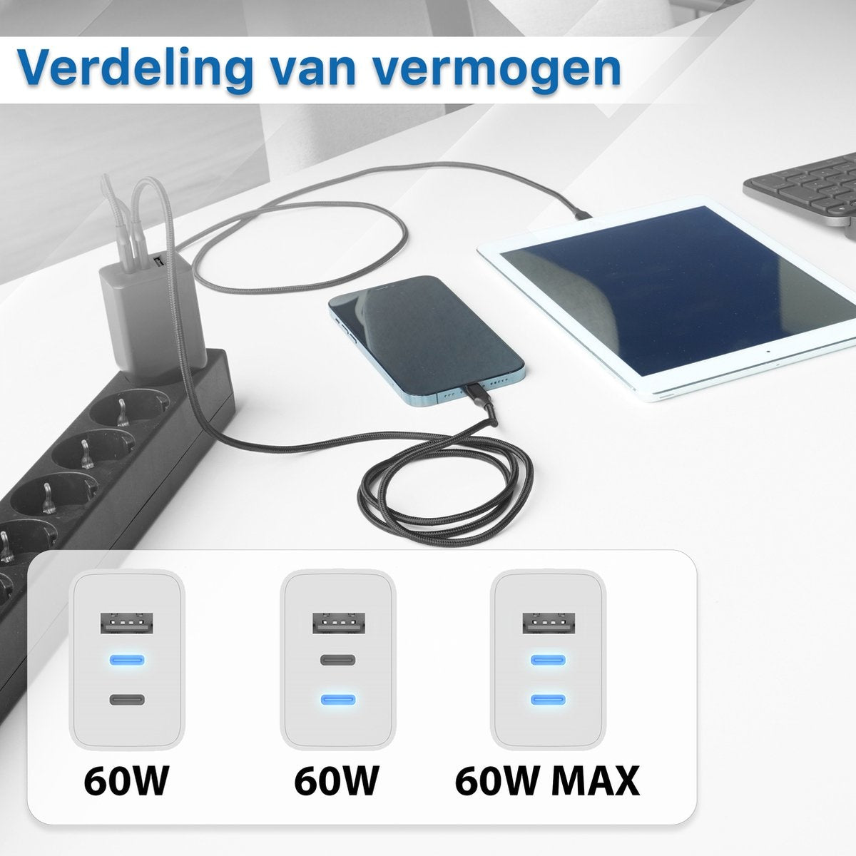 Een telefoon en een tablet worden opgeladen. De telefoon is aangesloten op een stekkerdoos en de tablet op een oplader. Tekst luidt 'Verdeling van vermogen'.