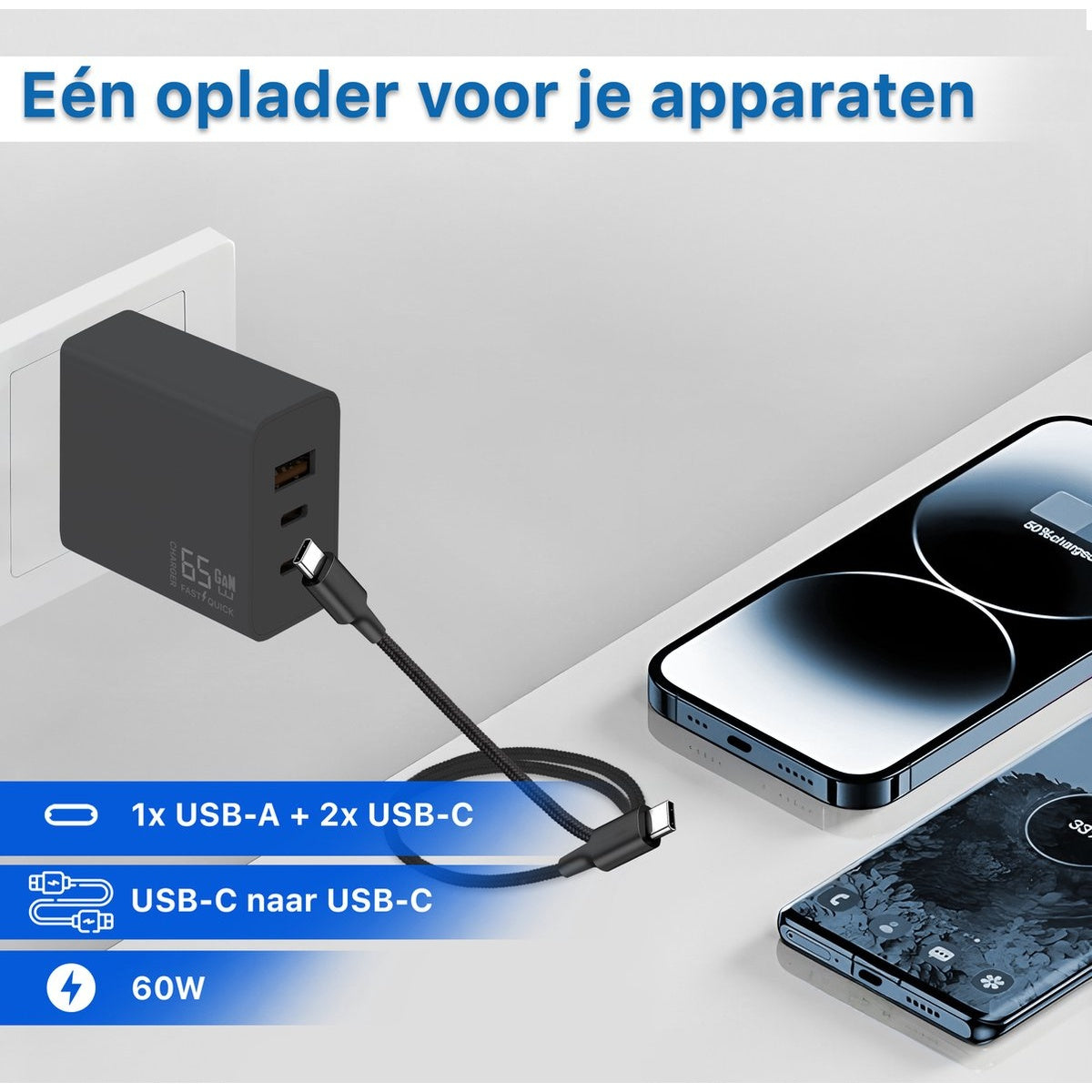 Een zwarte oplader met een kabel, twee telefoons en tekst die USB-poorten en wattage aangeeft. Eén telefoon laadt op.