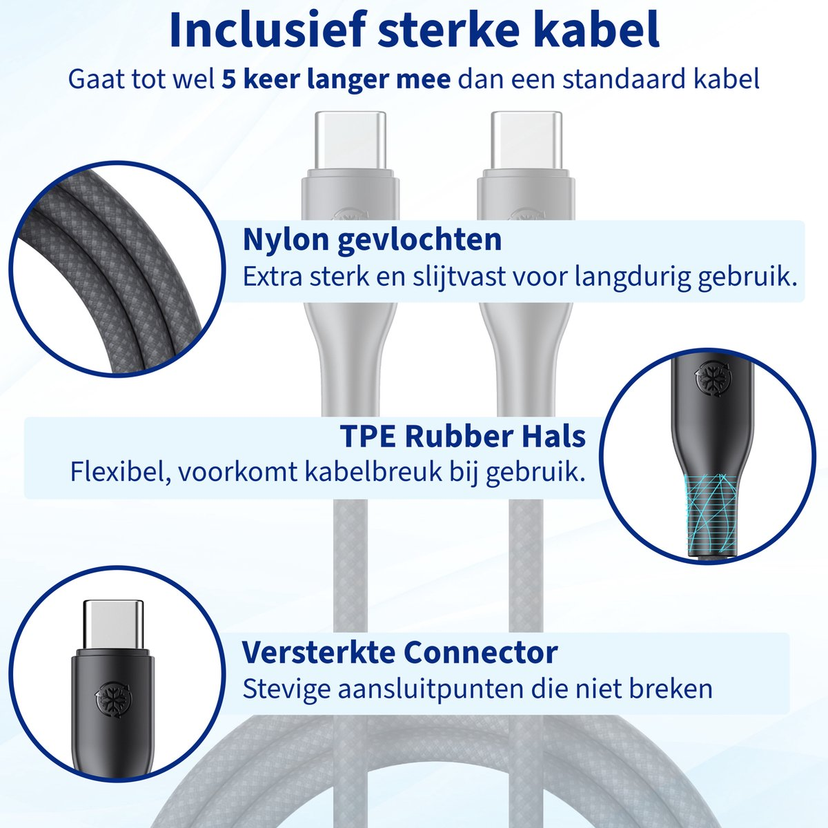 Afbeelding toont een sterke kabel met tekstlabels: Nylon, TPE Rubber Hals en Versterkte Connector. Het is een duurzame en flexibele kabel.