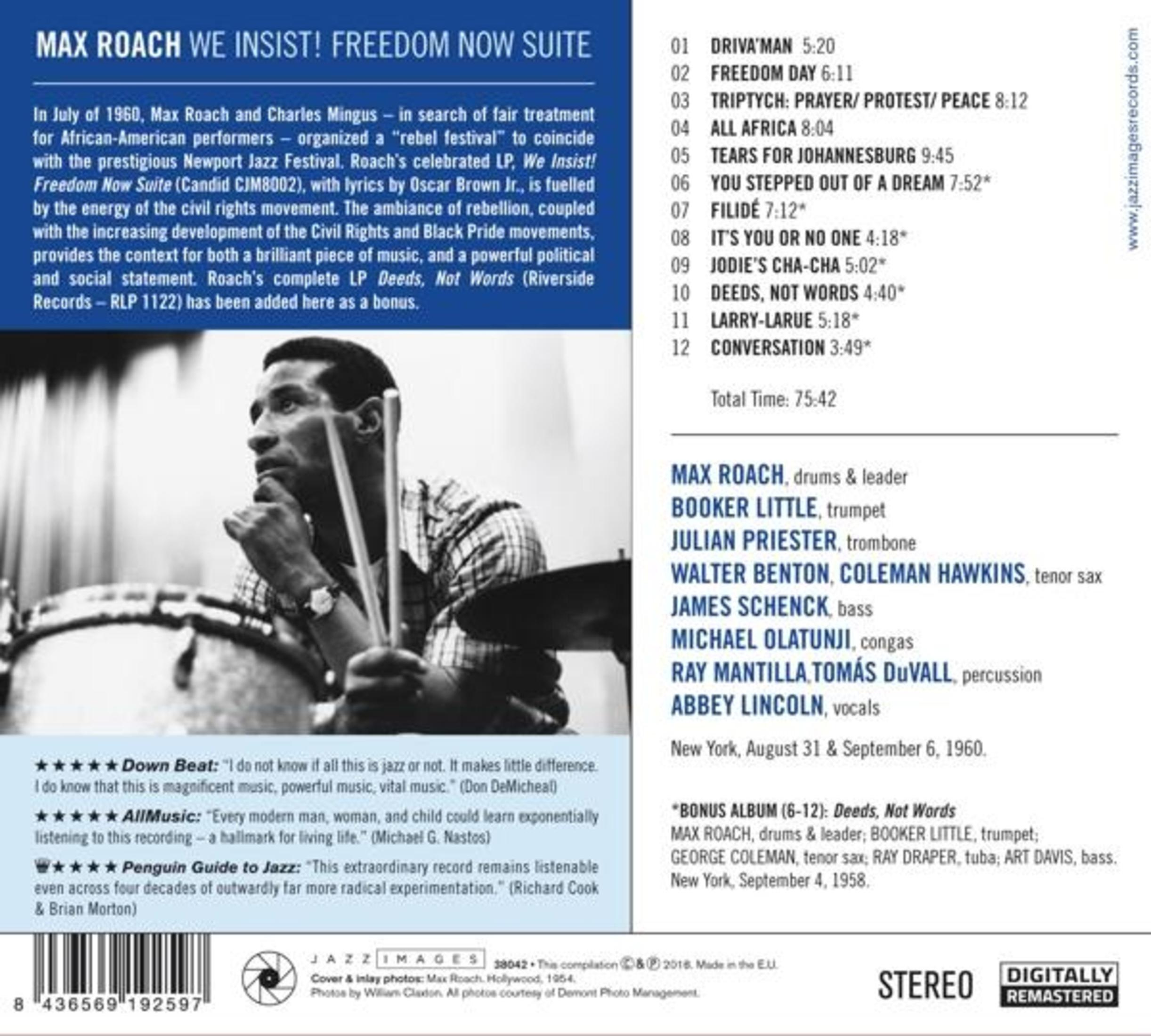 Albumcover mit Text und einem Schwarzweißfoto eines Mannes, der Schlagzeug spielt. Der Titel lautet 'Max Roach We Insist!'