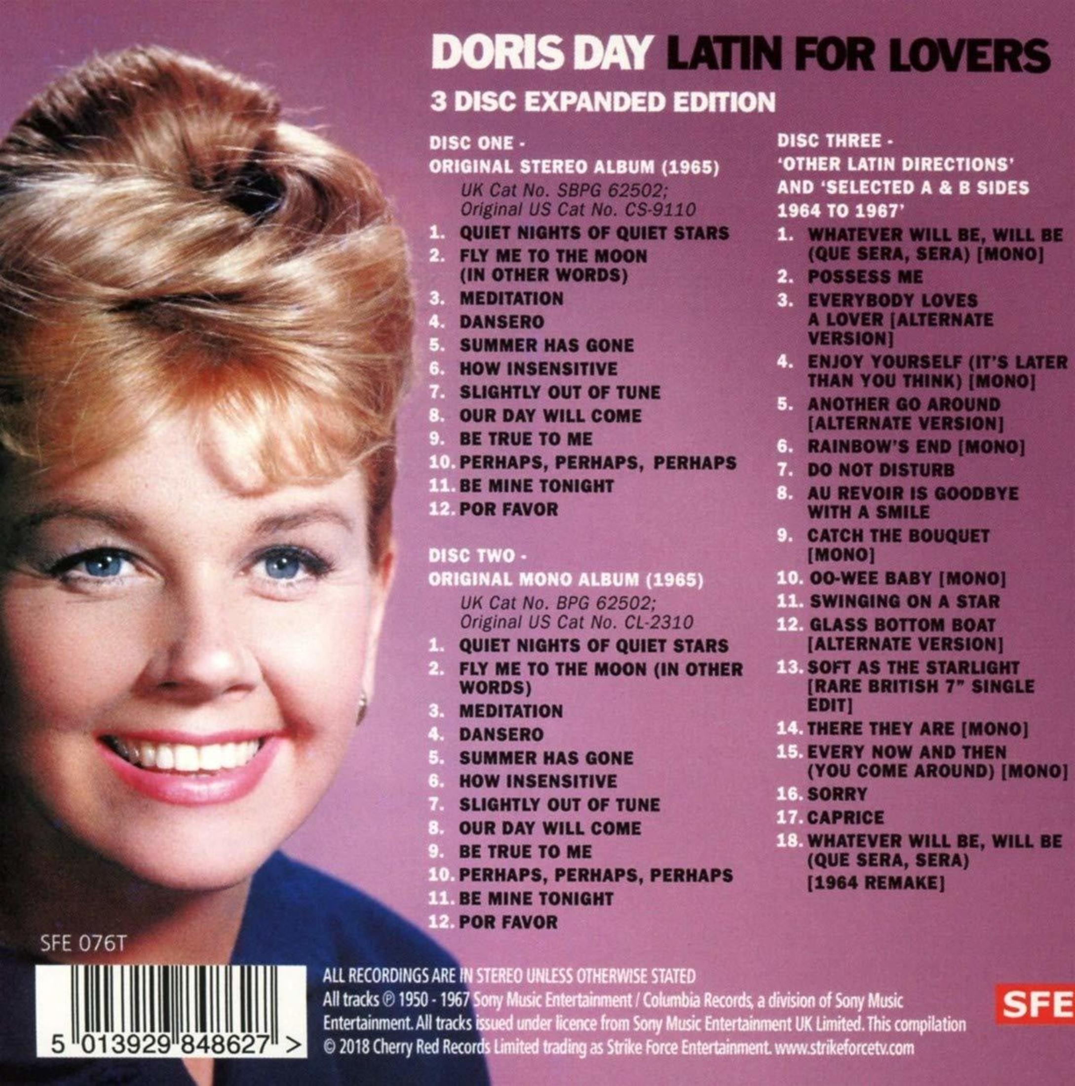 Albumcover von Doris Day. Sie lächelt, hat blondes Haar und blaue Augen. Albumtitel: Latin for Lovers.