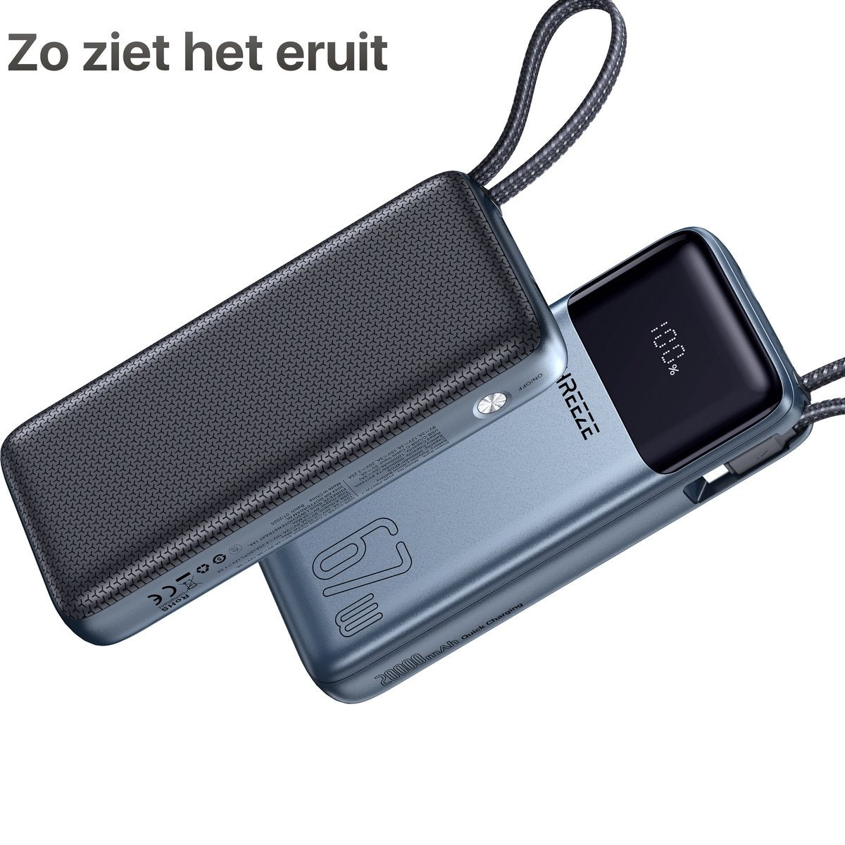 Een blauwe powerbank toont 100% lading. Het heeft een zwart patroon en een display, met de merknaam 'HREEZE'.