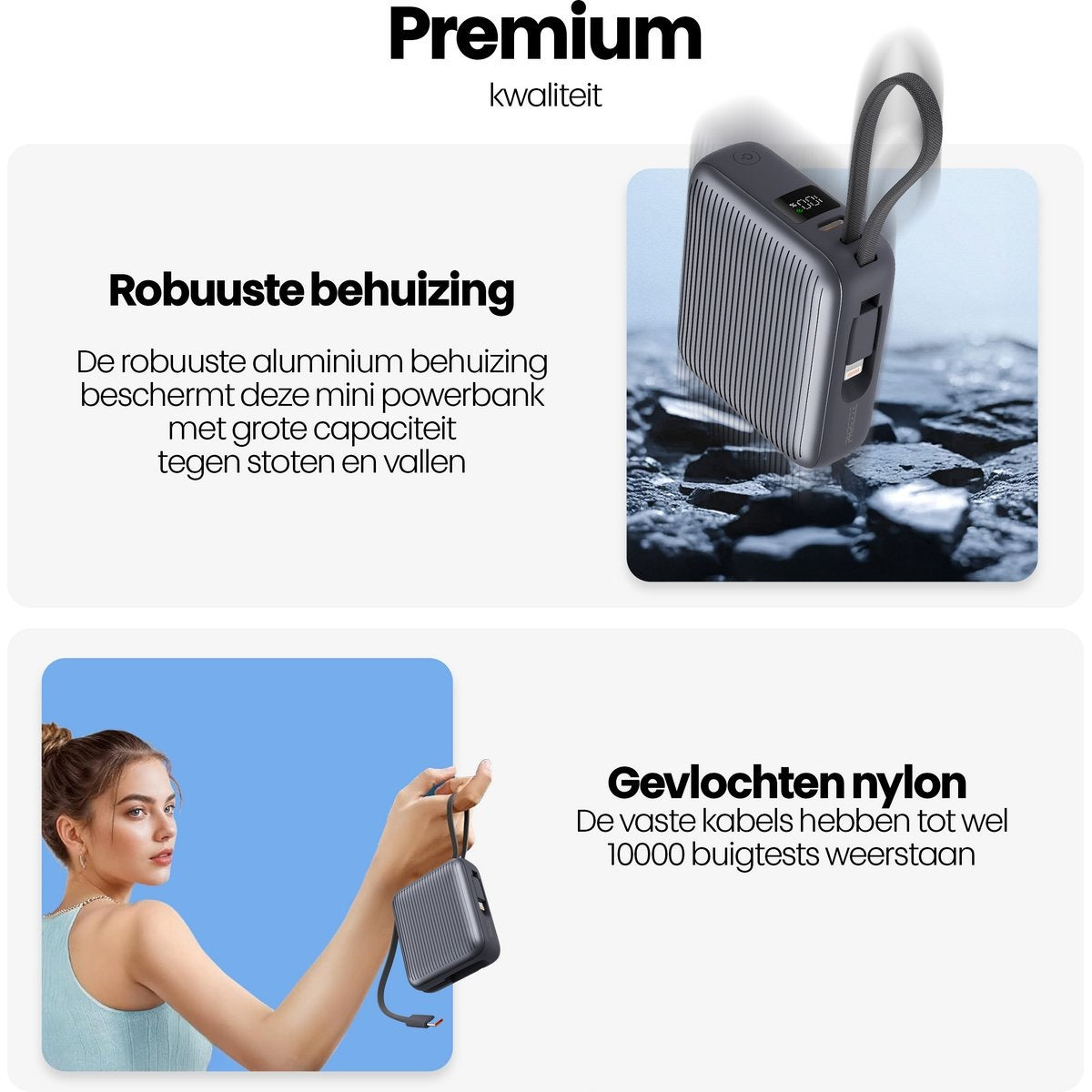 Afbeelding toont een powerbank en een vrouw. De powerbank is grijs en de vrouw houdt hem vast. Tekst beschrijft de kenmerken.