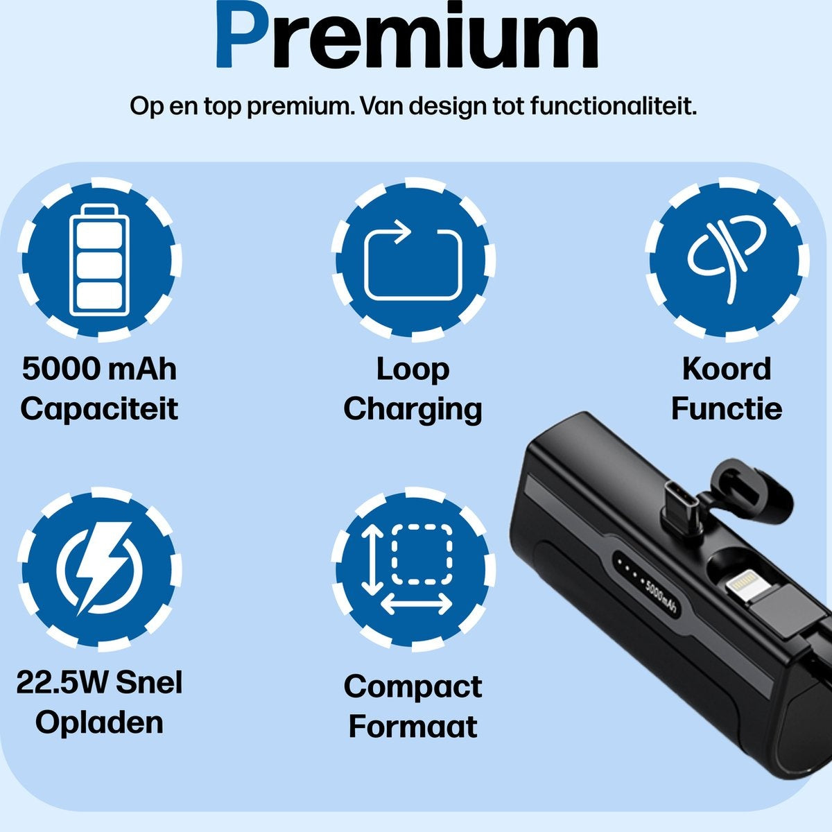 De afbeelding toont een zwarte powerbank met 5000 mAh capaciteit, loop charging en compact ontwerp.