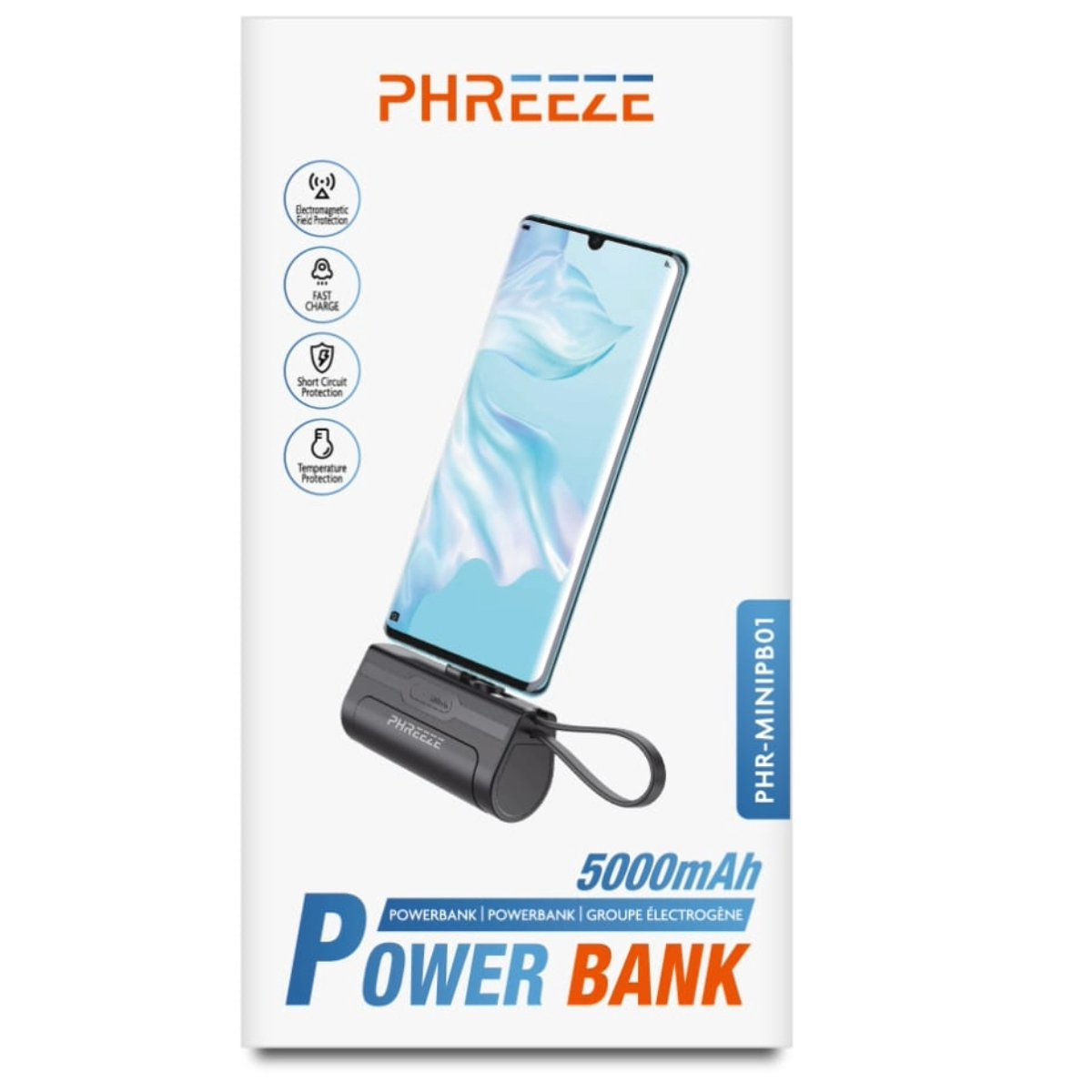 Een powerbank-pakket. Het bevat een telefoon en een powerbank. Het pakket toont ook de kenmerken van de powerbank.
