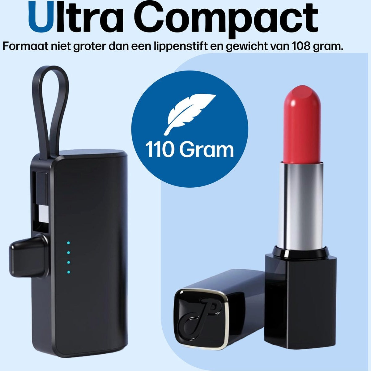 De afbeelding toont een zwart apparaat en een rode lippenstift. De tekst luidt 'Ultra Compact' en '110 Gram'.