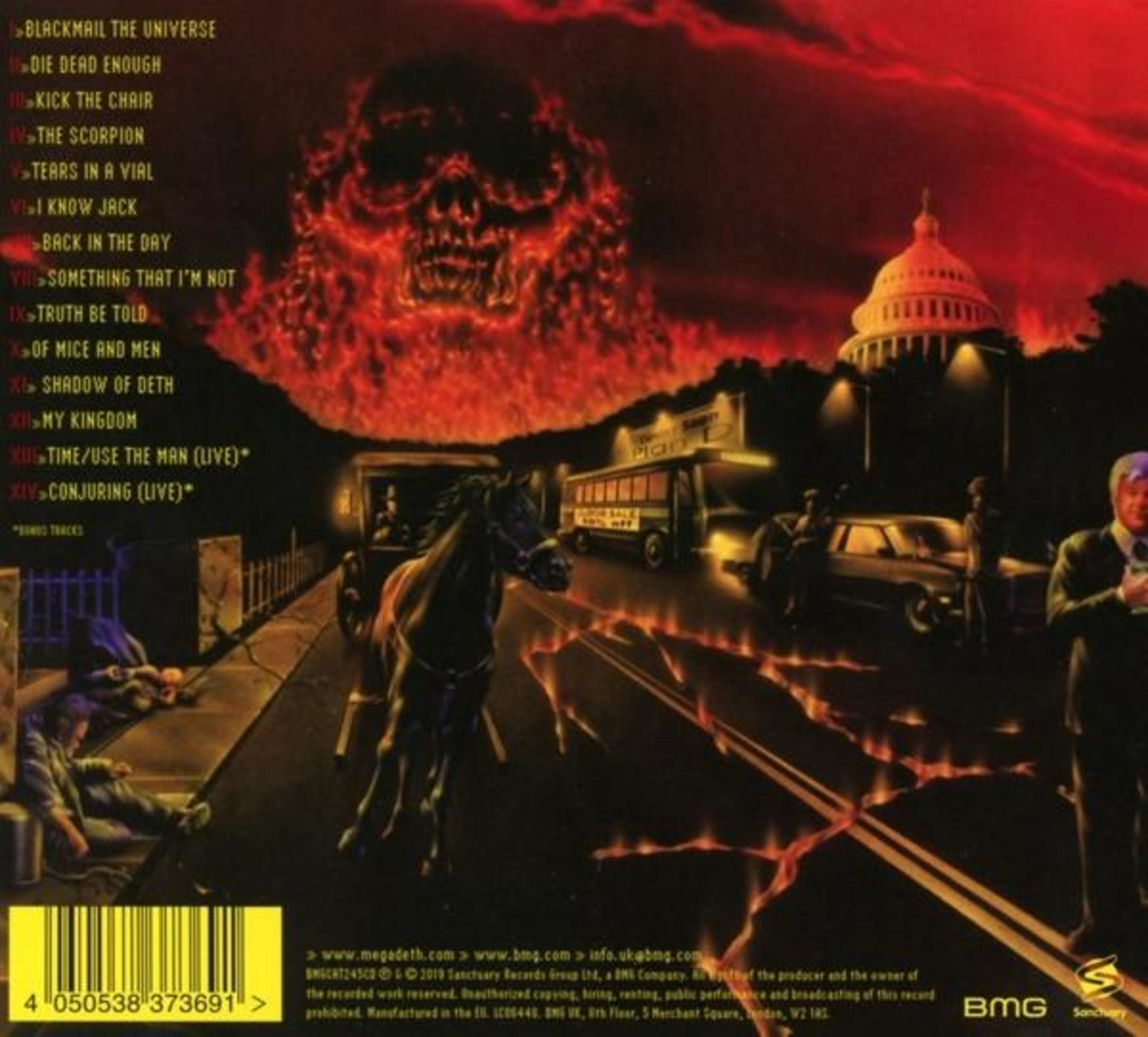 Albumcover mit Totenkopf, brennender Landschaft, Pferdekutsche, Bus und Kapitolgebäude.
