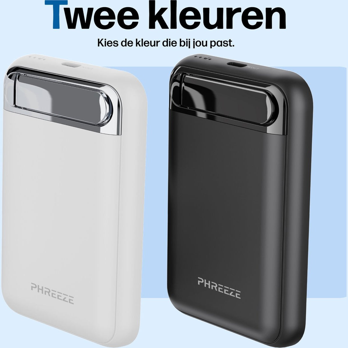 Twee powerbanks, wit en zwart, naast elkaar. De witte links, de zwarte rechts. Beide hebben een chromen accent.