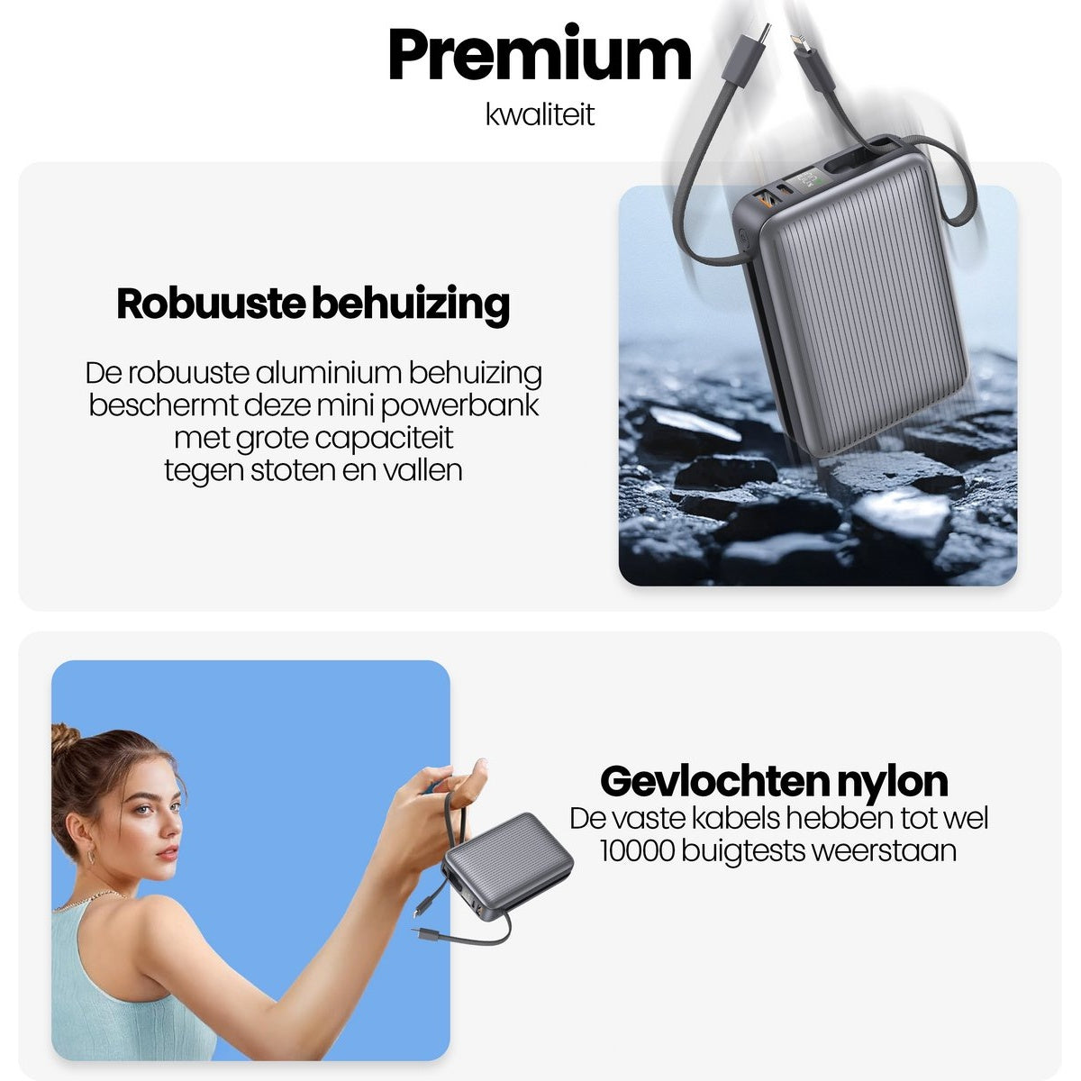 Afbeelding toont een mini powerbank. Tekst benadrukt robuuste aluminium behuizing en gevlochten nylon kabels. Een vrouw houdt de powerbank vast.